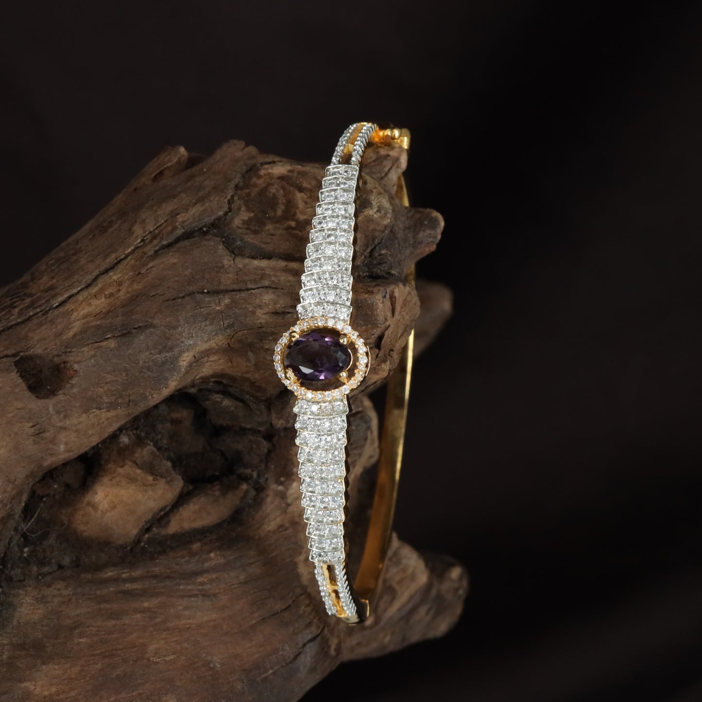 Designer Oval Stone Kada with Triple Crystal Line Styling