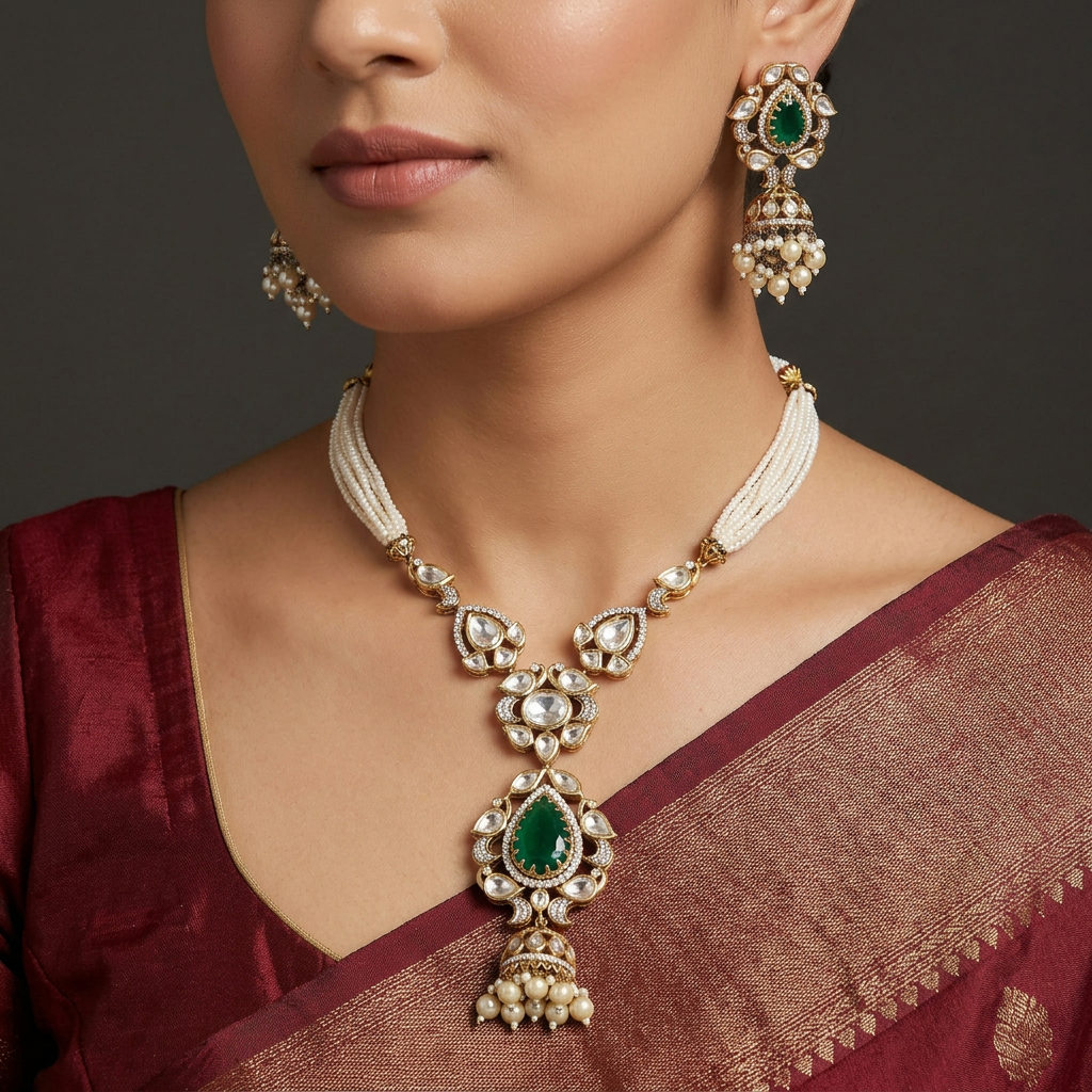 Bridal Dropwork Kundan Necklace with Bead Tassel Centrepiece