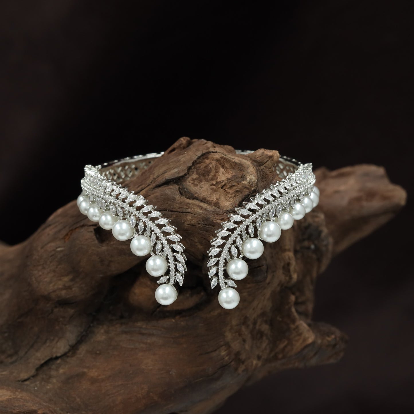 Pear Drop Fringe Open Cuff Kada with Layered Chevron Frame Design