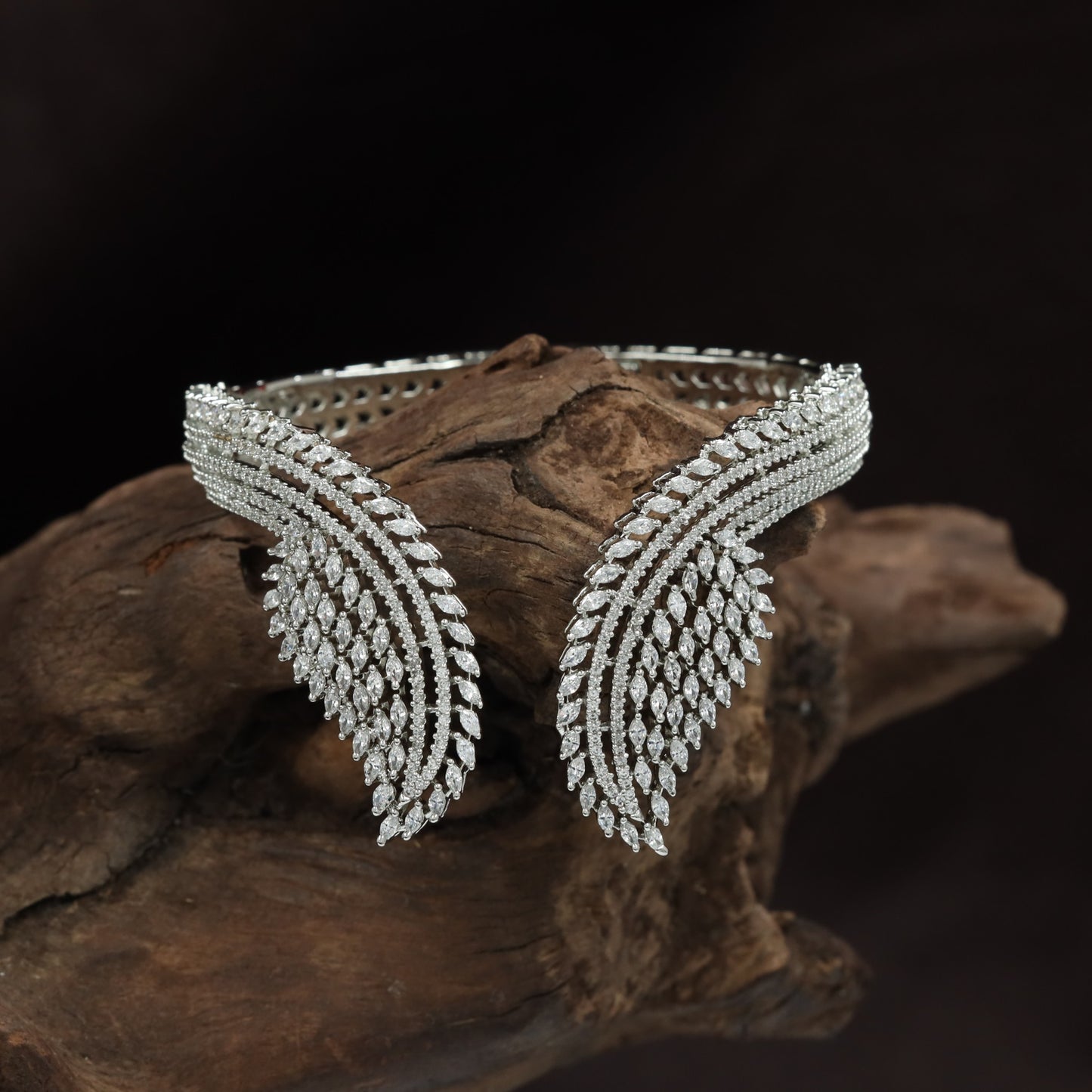 Royal Feather Cascade Open Cuff Kada with Layered Wing Motif Design
