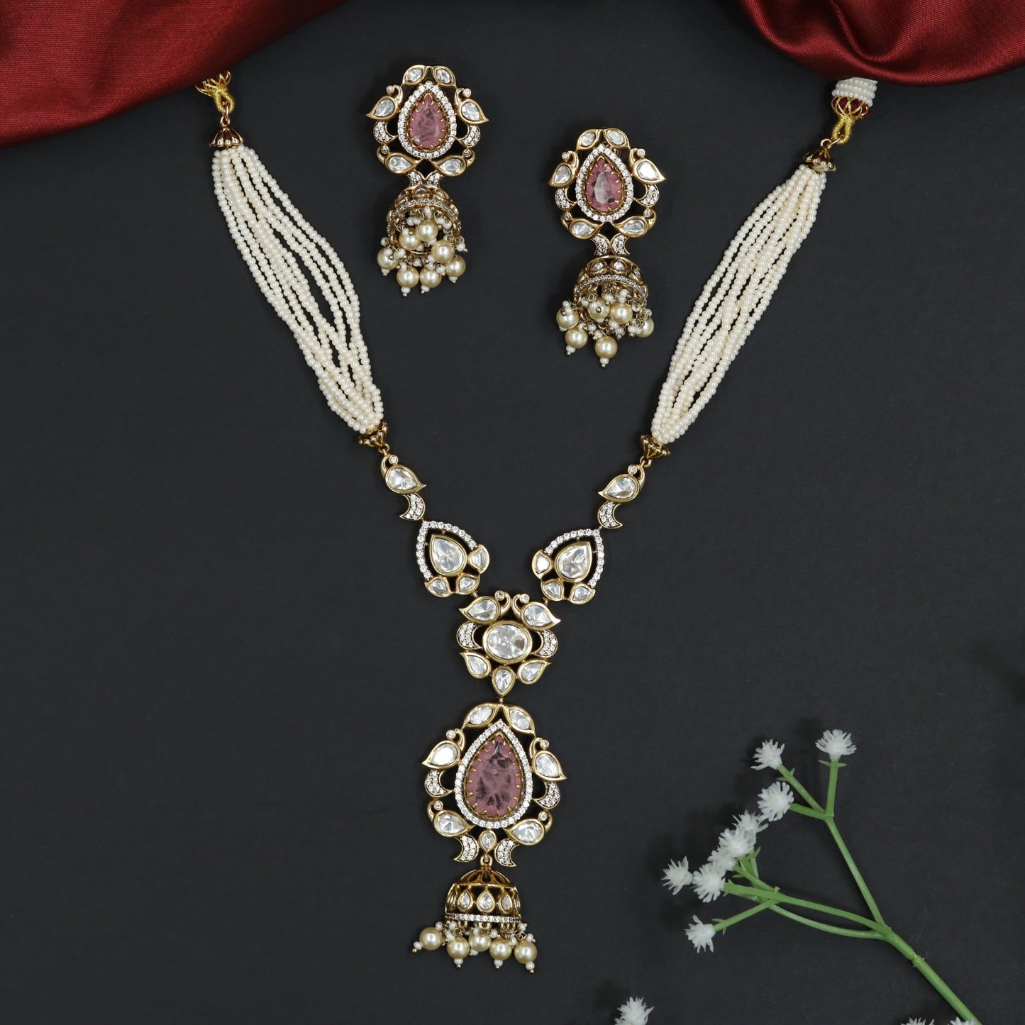 Imperial Dual Connector Kundan Necklace with Pendant and Earring Set