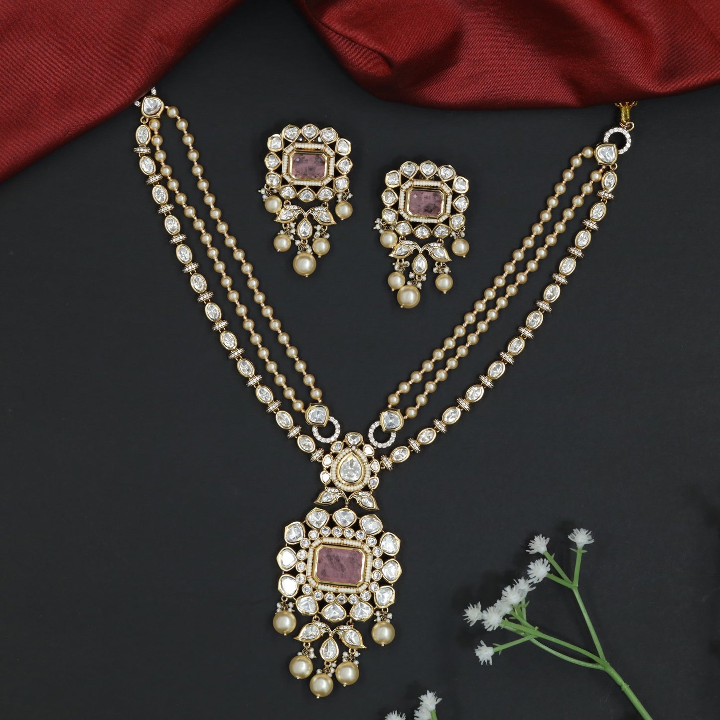Artisan Double Strand Kundan Necklace with Square Pendant and Matching Earrings