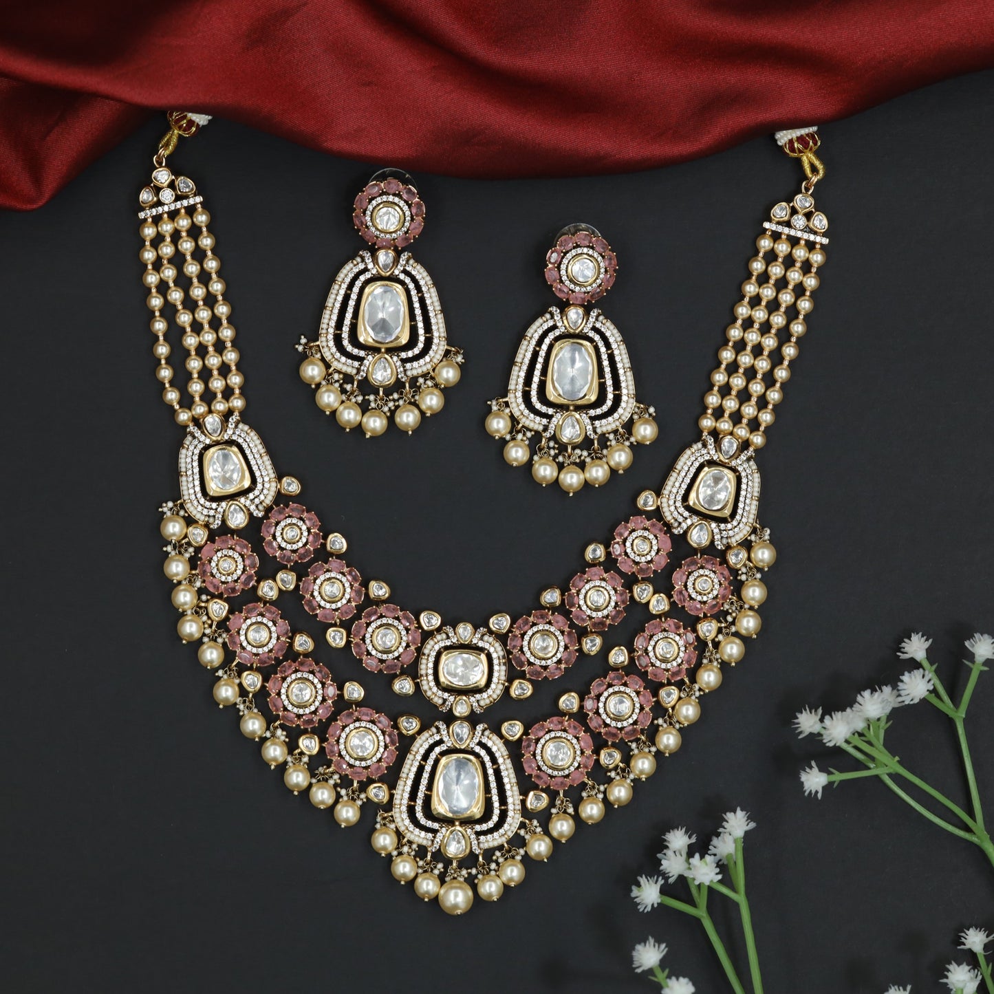 Traditional Openwork Kundan Necklace with Multi Strand Side Chains and Pendant