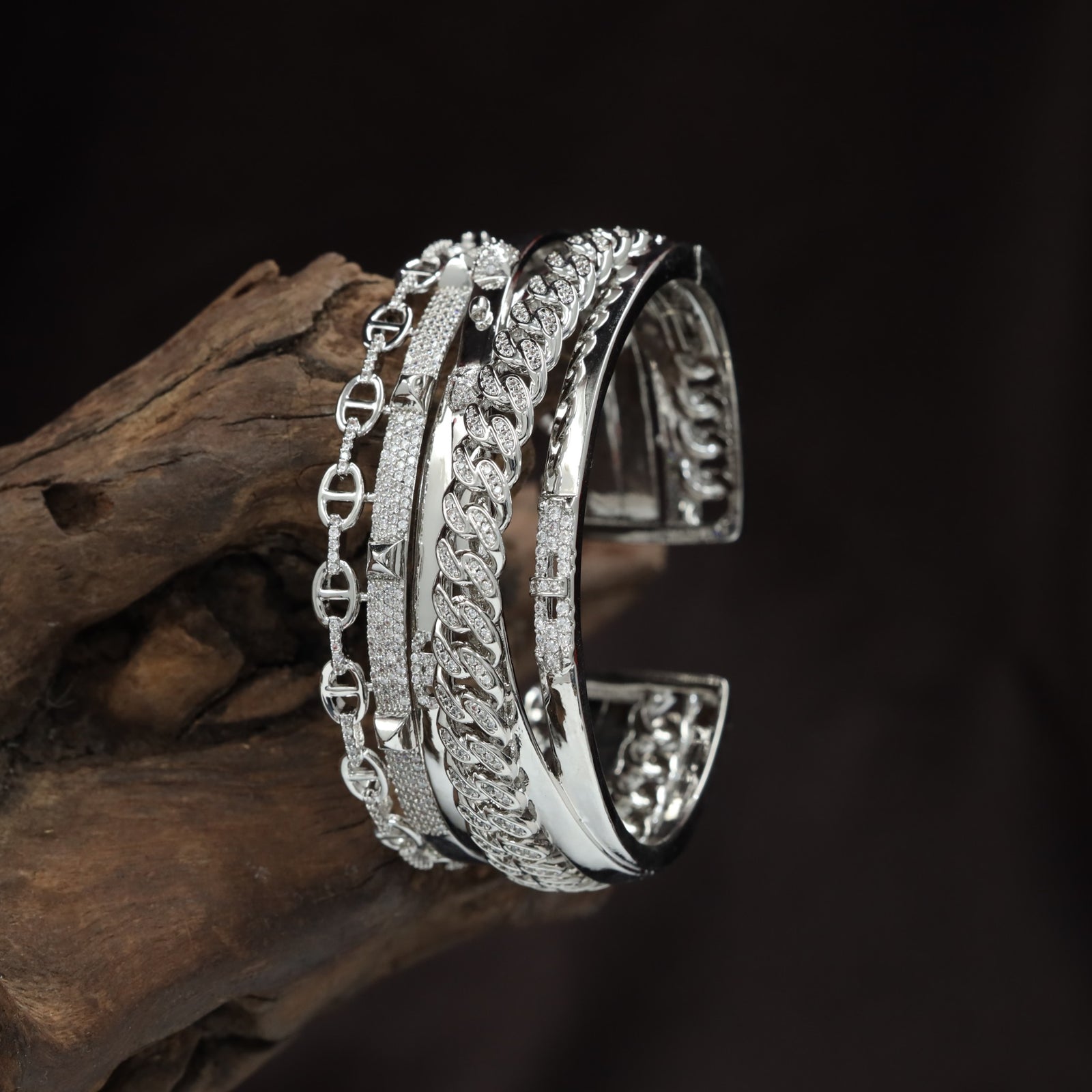 Chain Link Cuff Kada with Layered Openwork Band Design