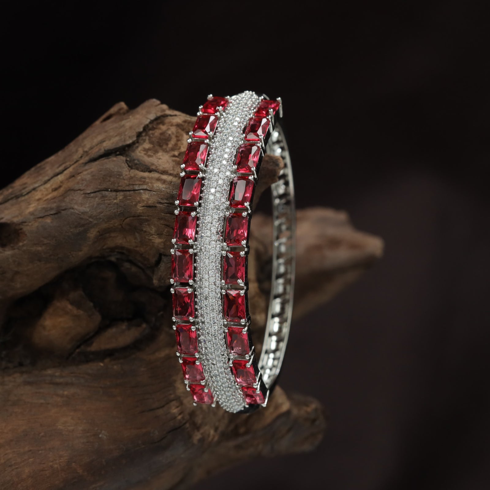 Ruby Line Tennis Kada with Double PavÃ© Border Design