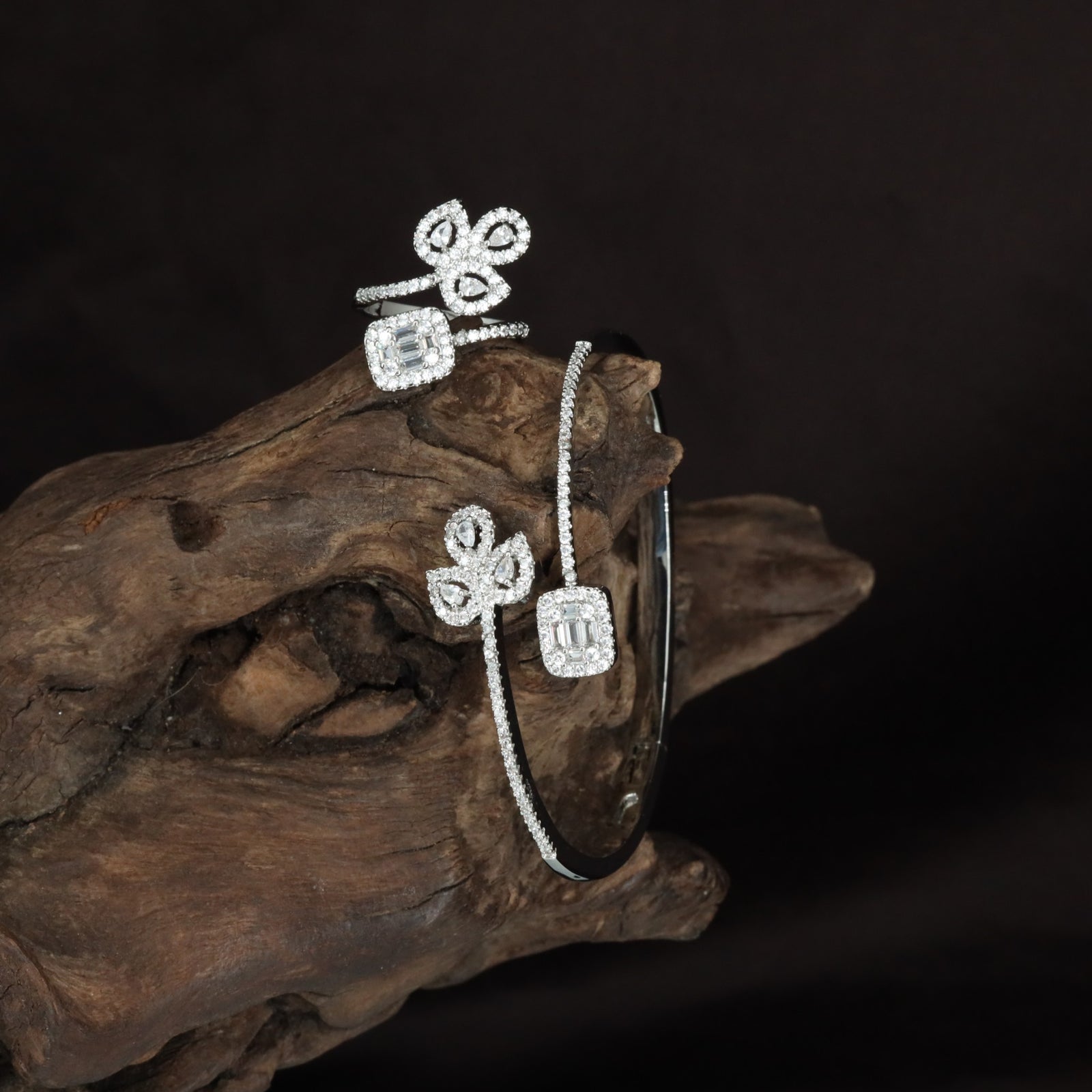 Lustre Vine Kada with Layered Floral Detailing and Finger Ring Accent