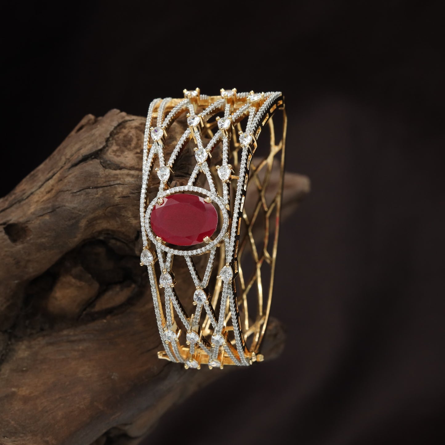 Open Lattice Cuff Kada with Oval Centre Medallion Design