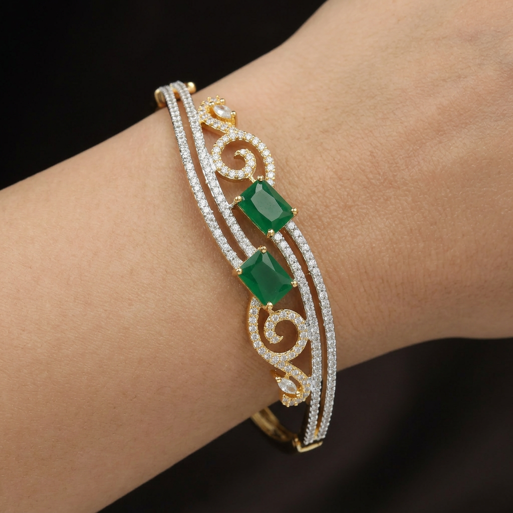 Open Scrollwork Kada with Emerald Cut Centre Accent Design