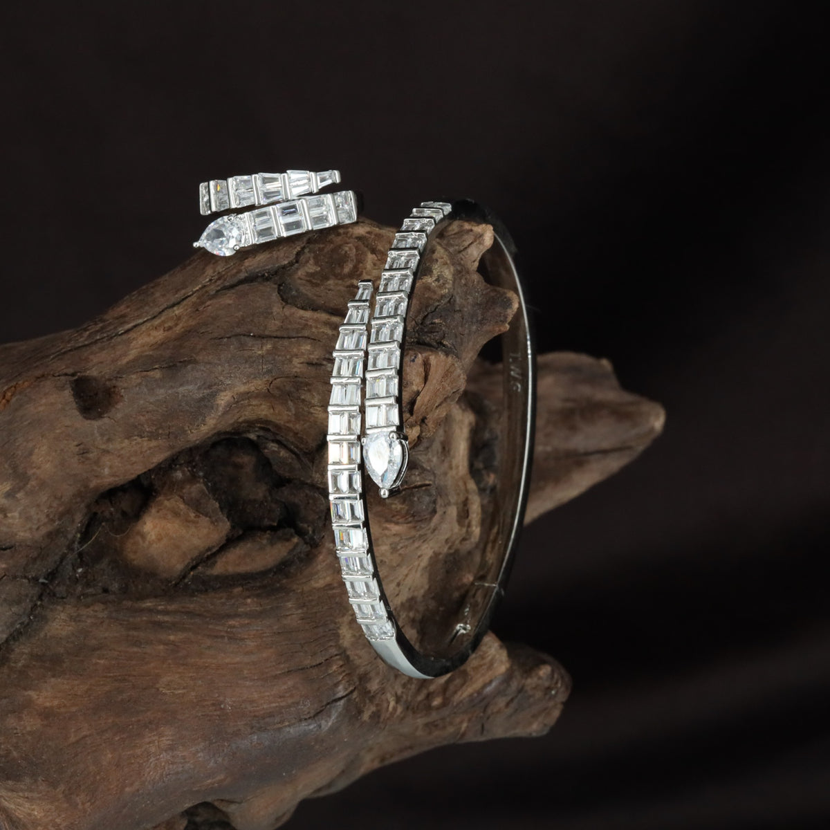 Rhodium Kada with Rectangular Panels and Teardrop