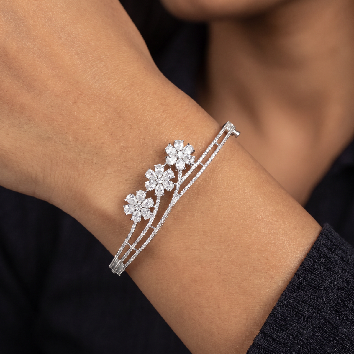 Grand Floral Vine Kada with Structured Crystal Finish