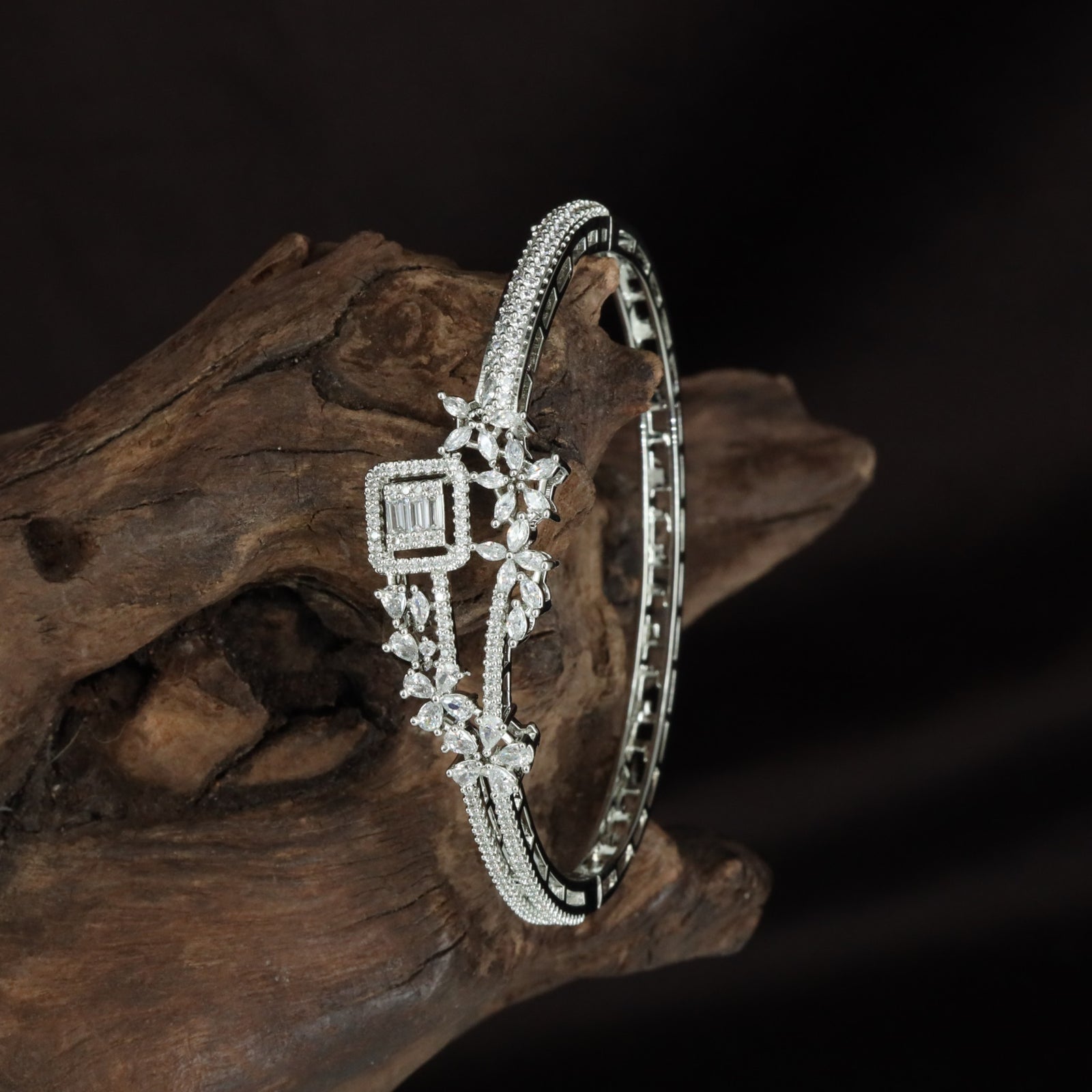 Premium Flower Frame Kada with Structured Crystal Rows