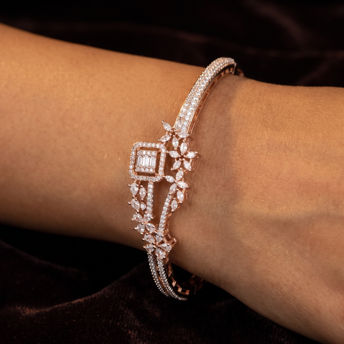 Premium Flower Frame Kada with Structured Crystal Rows