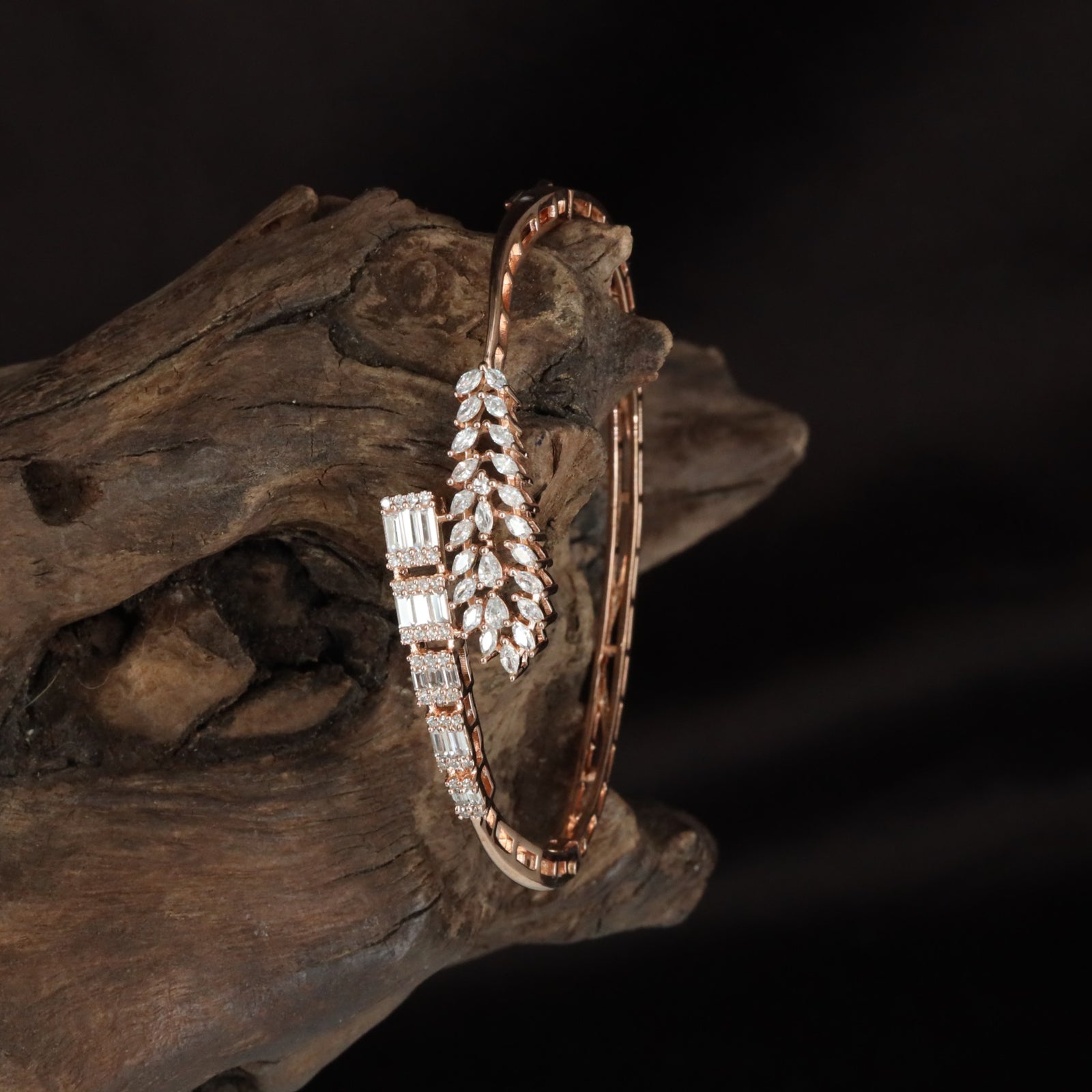 Open Leaf Crystal Kada with Structured Slim Band