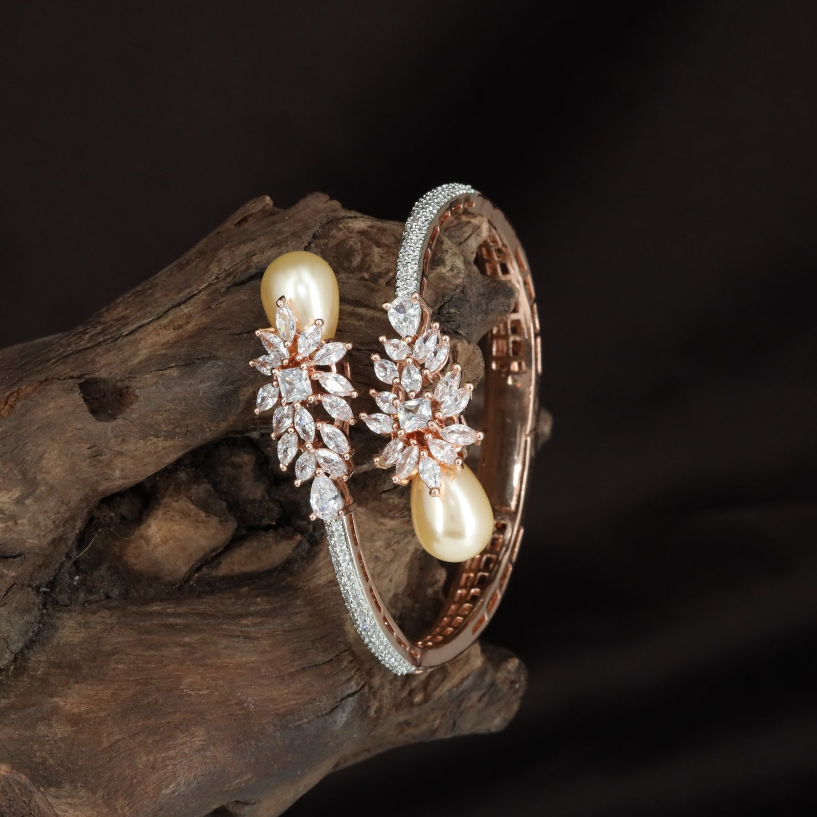 Cluster Bloom Pearl Kada with Curved Crystal Band