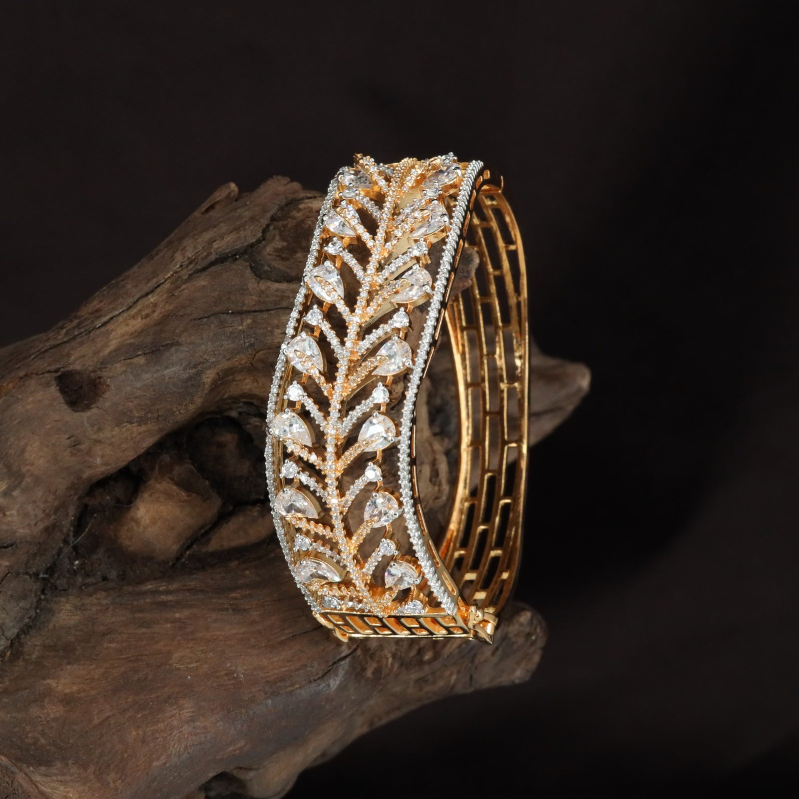 Pear Leaf Crystal Kada with Layered Vine Detailing