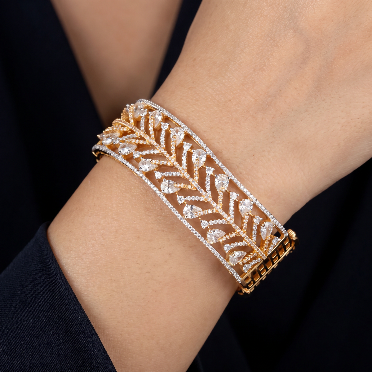 Pear Leaf Crystal Kada with Layered Vine Detailing