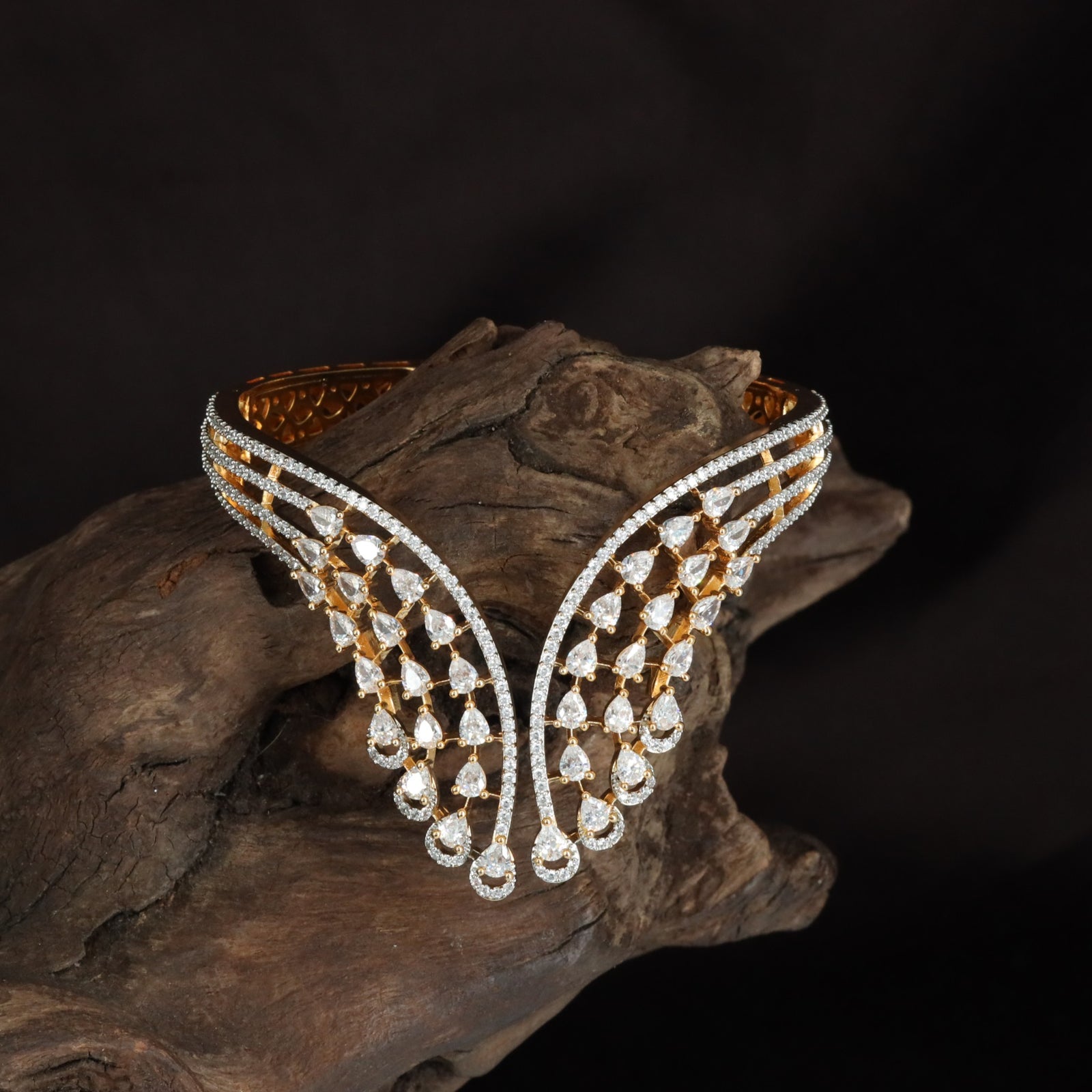 Leaf Feather Crystal Kada with Open Wing Pattern
