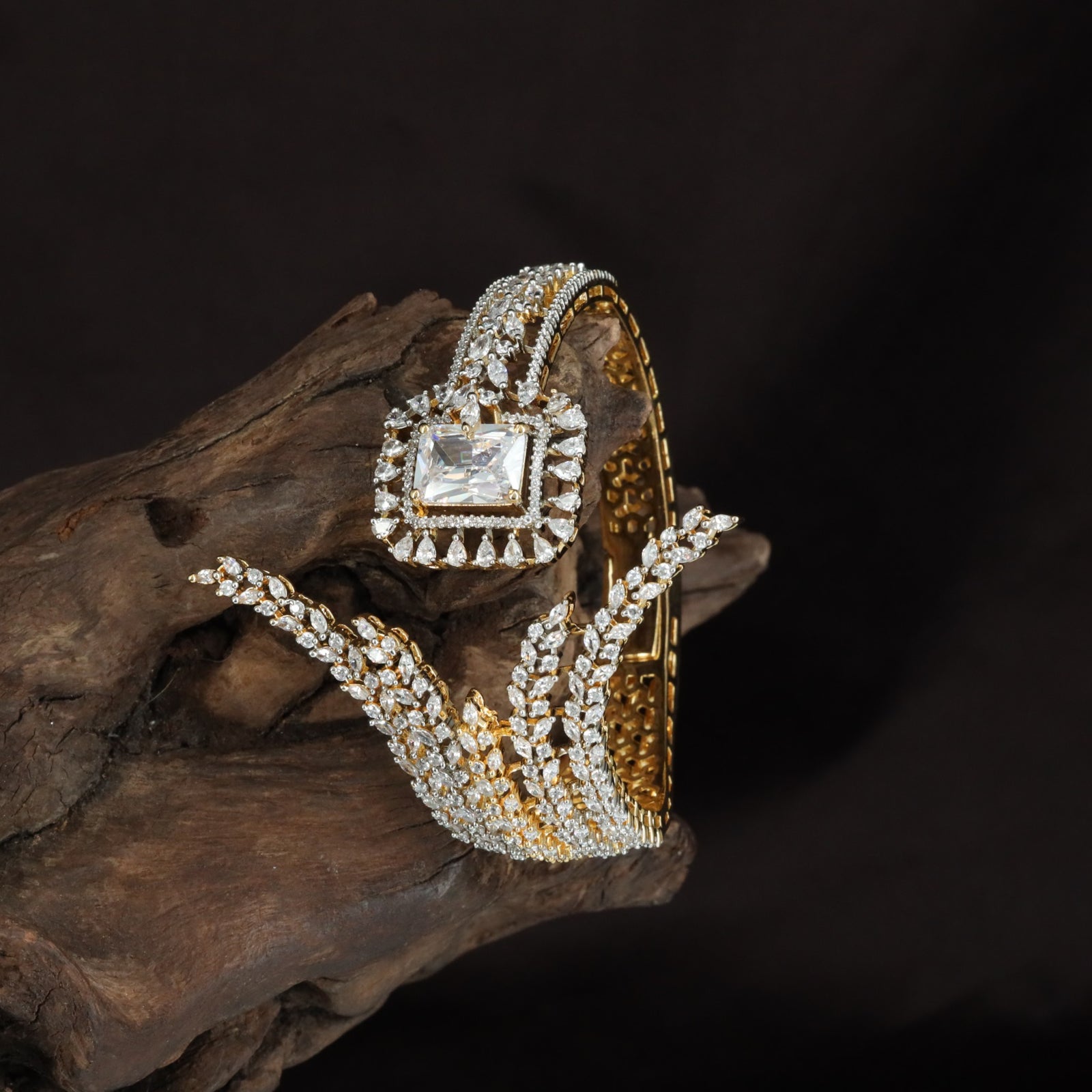 Textured Frame Crystal Kada with Raised Square Pattern