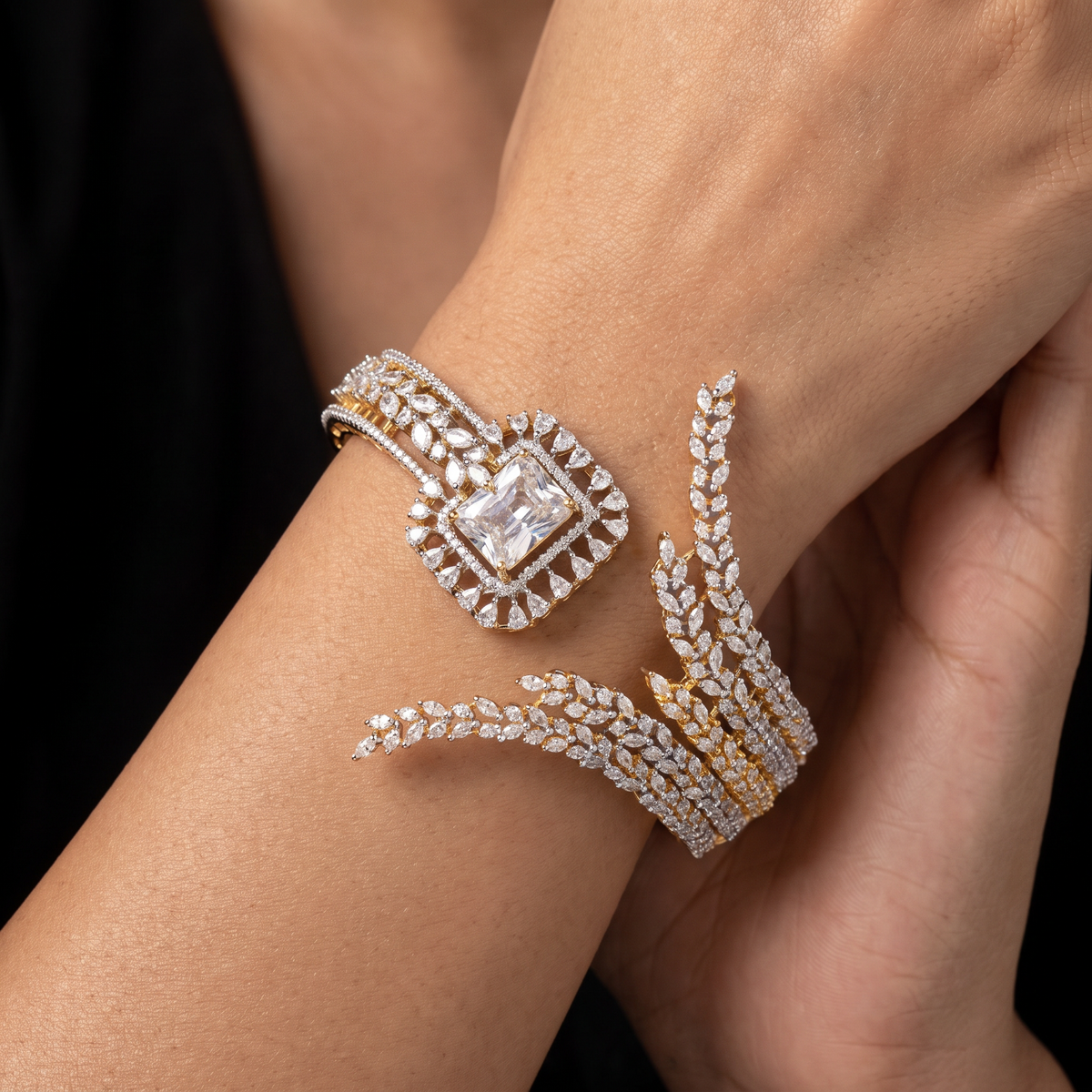 Textured Frame Crystal Kada with Raised Square Pattern