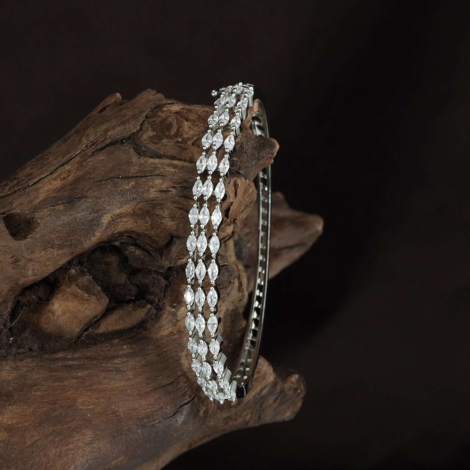 Crystal Leaf Open Kada with Raised Marquise Styling