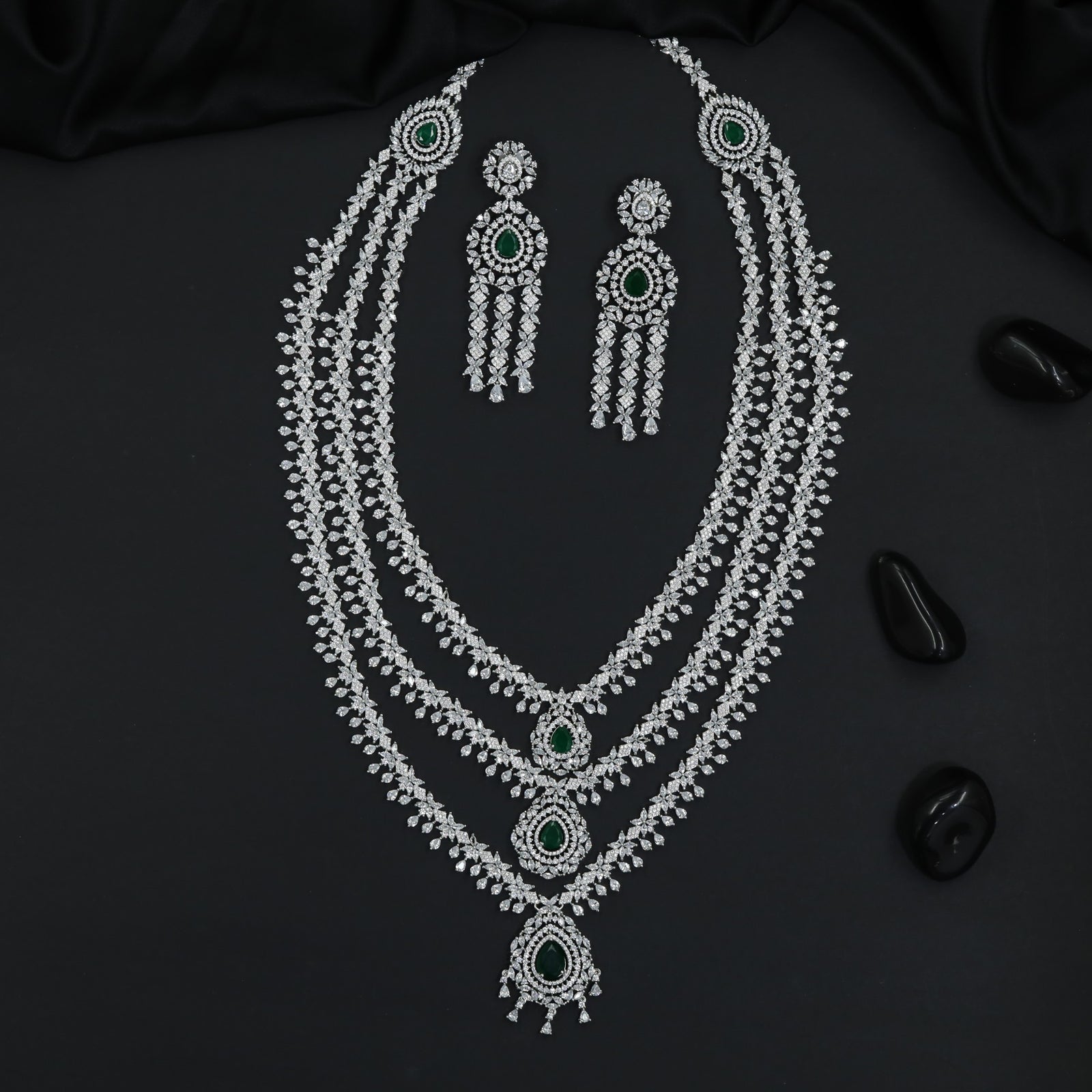 Luxury Rhodium Long Haara Set with Floral Chain Craftsmanship