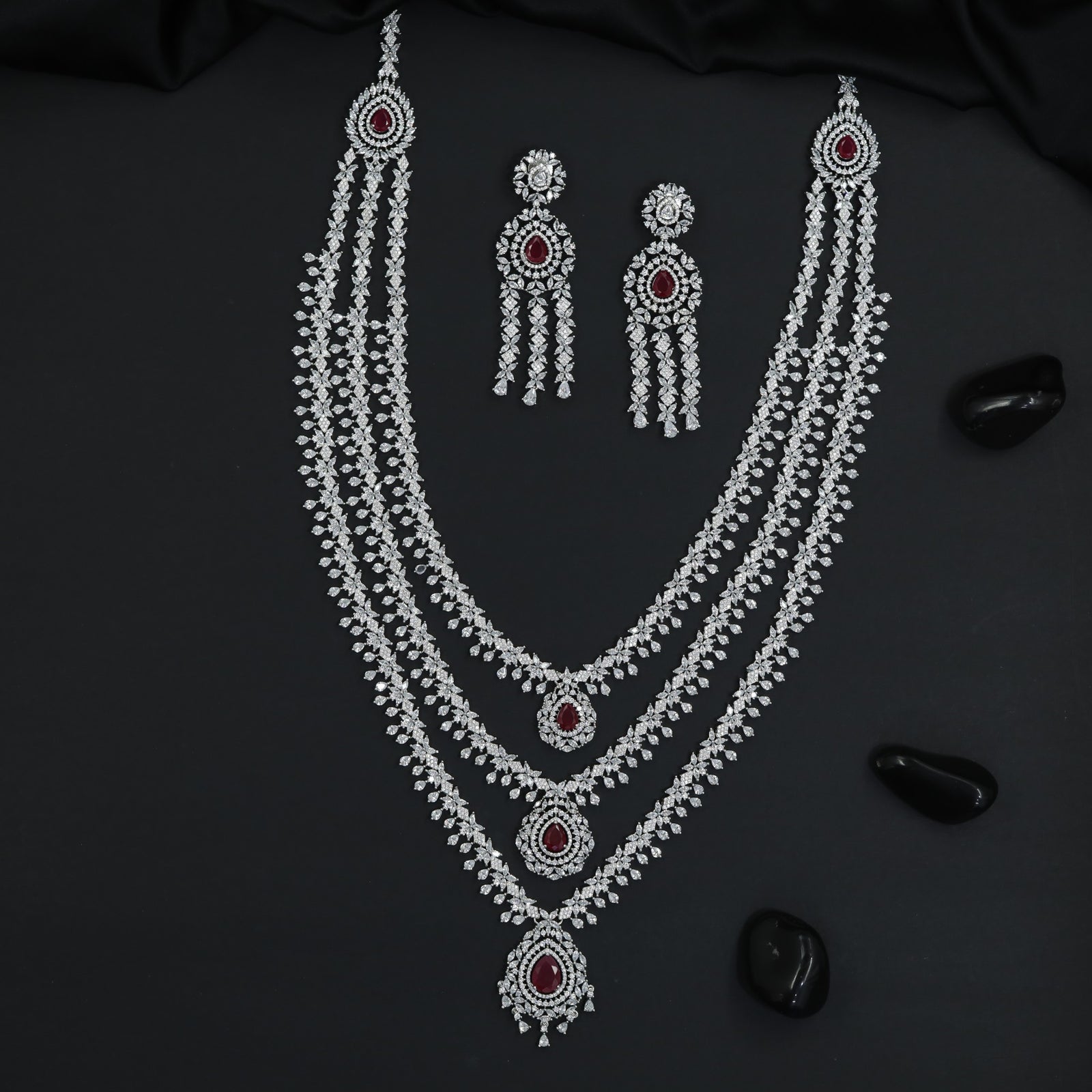 Luxury Rhodium Long Haara Set with Floral Chain Craftsmanship