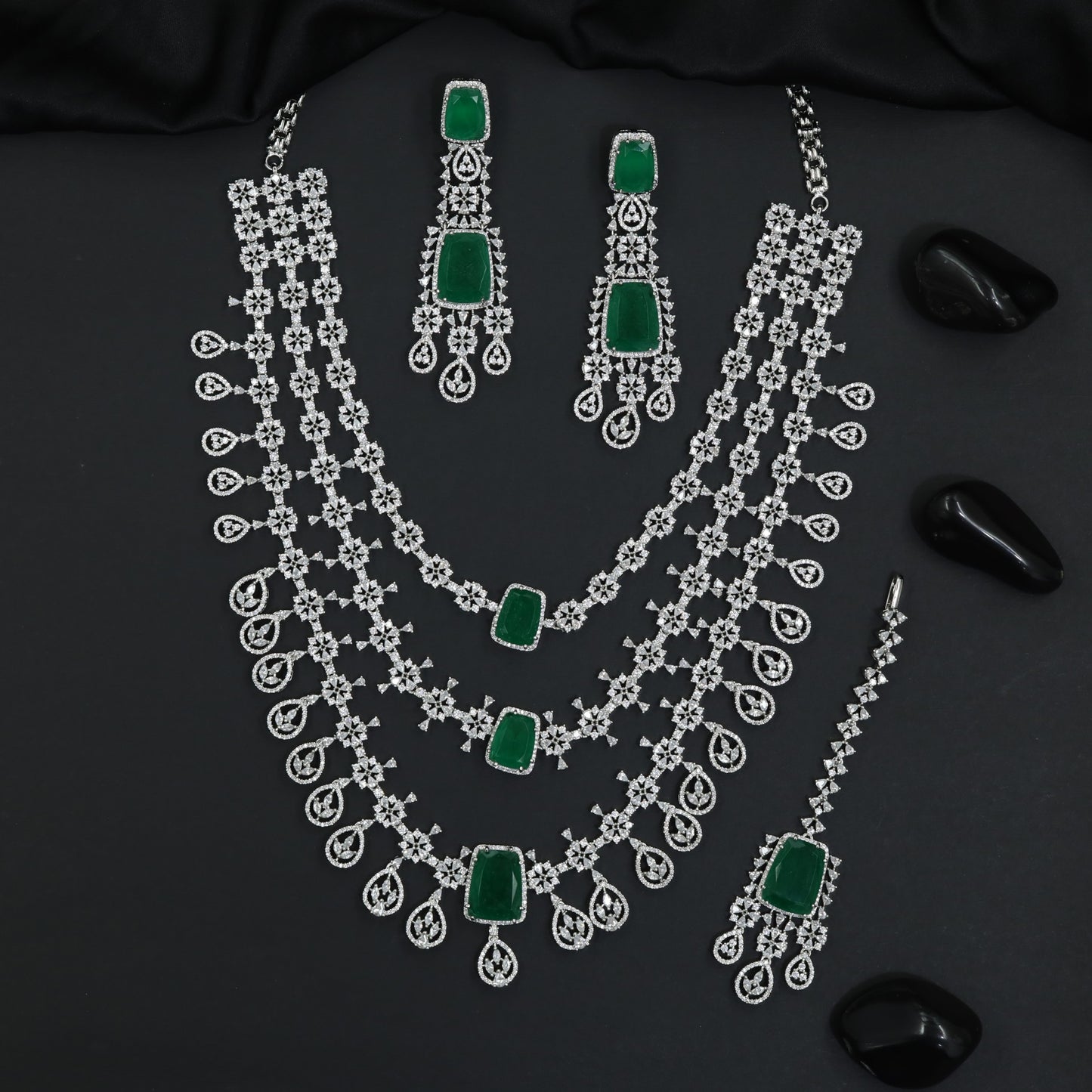 Rhodium Long Haara Set with Cascading Floral Chains and Matching Accessories