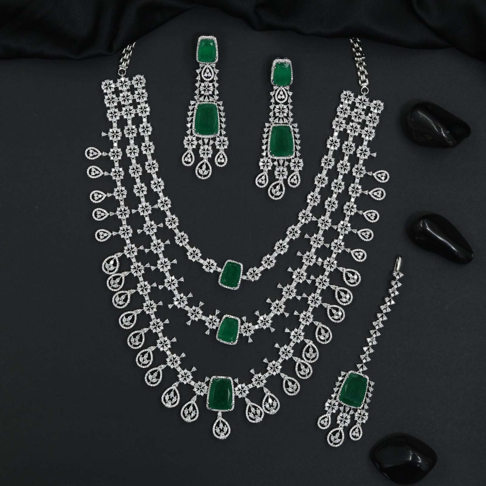 Rhodium Long Haara Set with Cascading Floral Chains and Matching Accessories