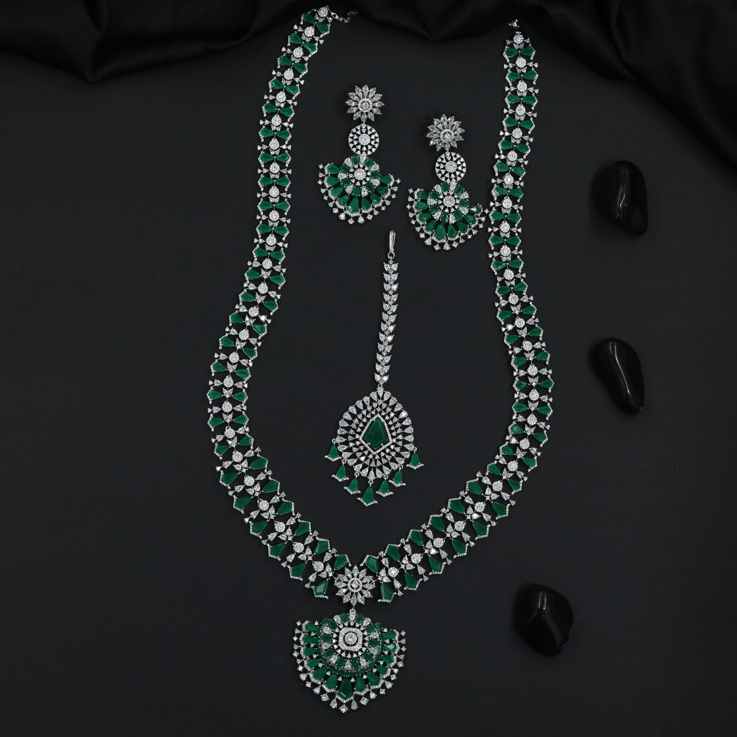 Occasion Wear Rhodium Long Haara Set with Floral Detailing Throughout