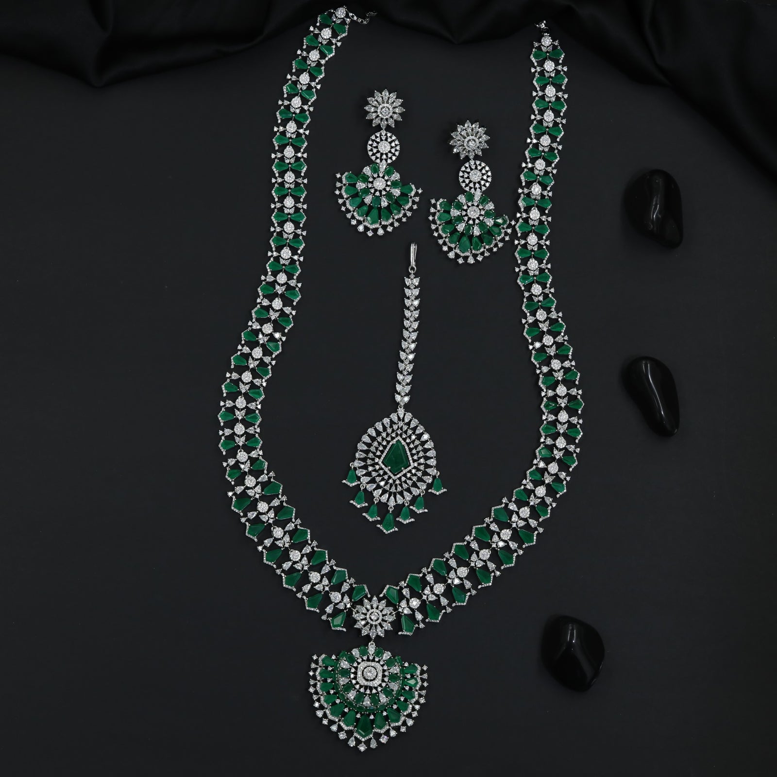 Occasion Wear Rhodium Long Haara Set with Floral Detailing Throughout