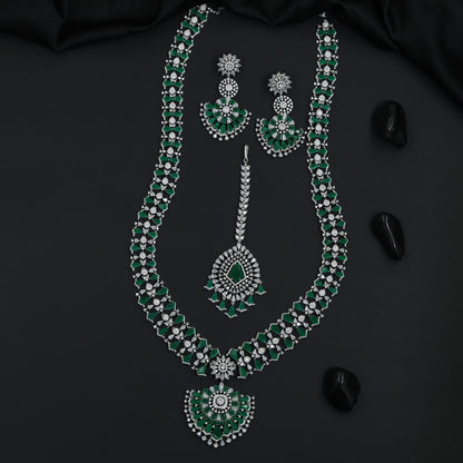 Occasion Wear Rhodium Long Haara Set with Floral Detailing Throughout