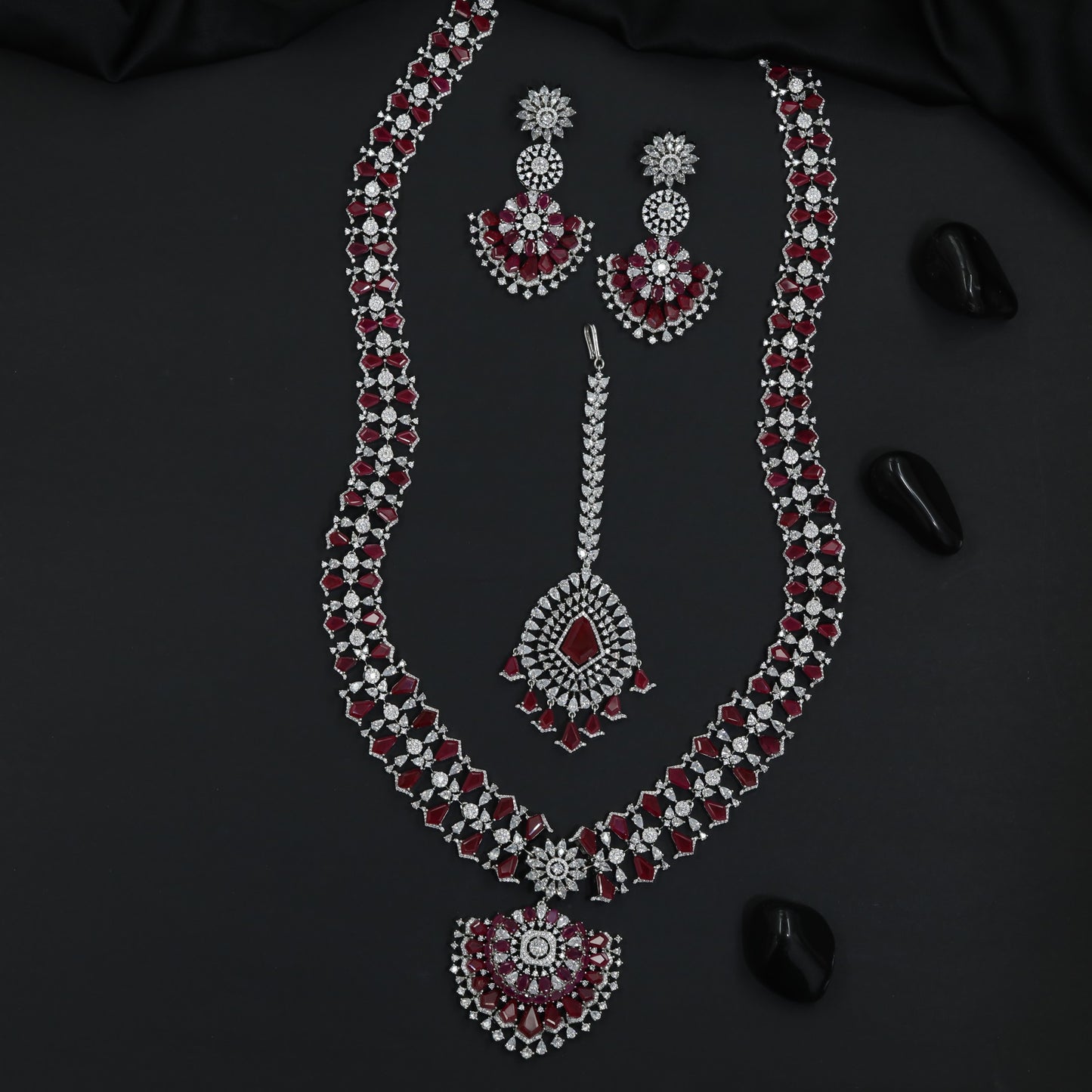 Occasion Wear Rhodium Long Haara Set with Floral Detailing Throughout