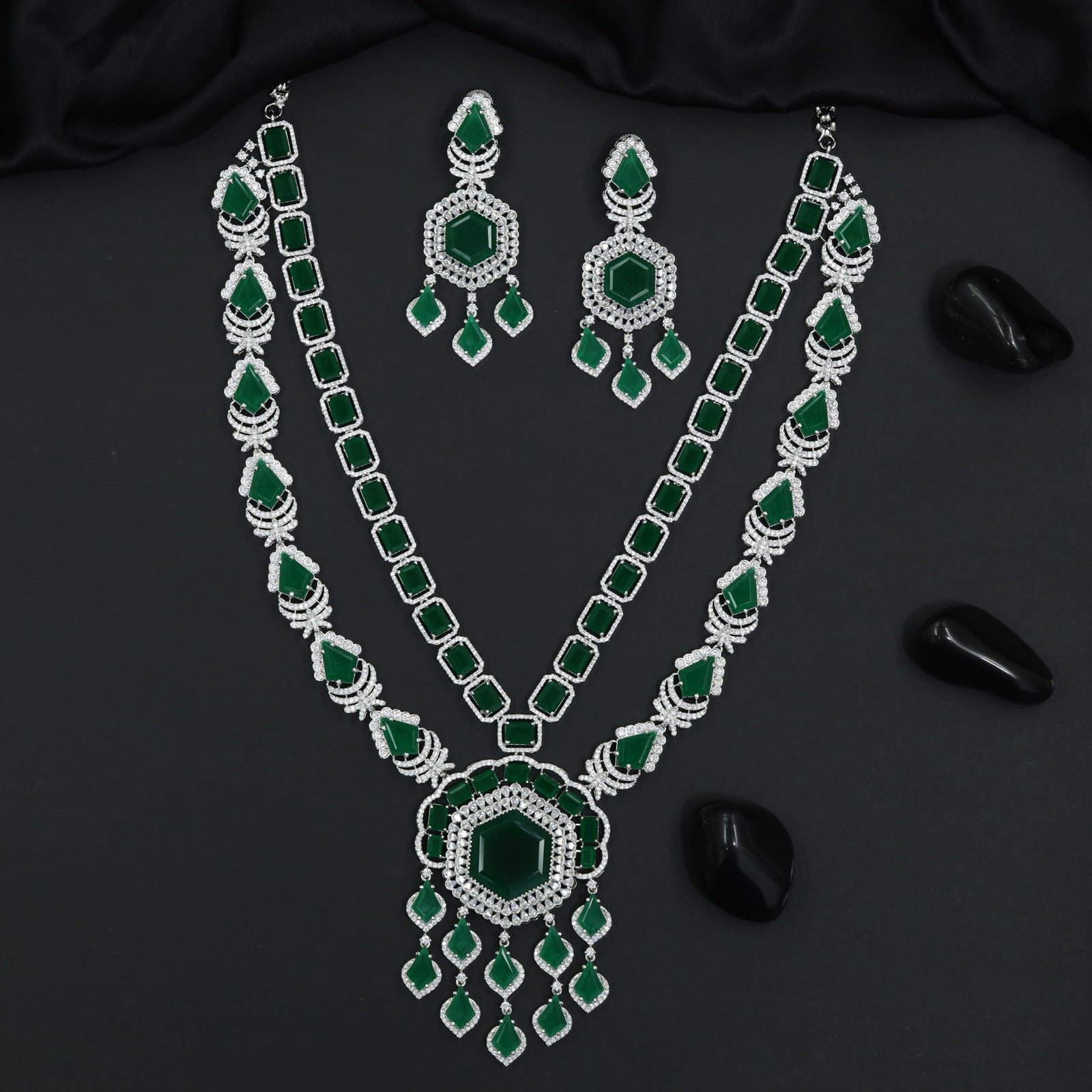 Grand Rhodium Long Haara Set with Hexagonal Pendant and Matching Earrings