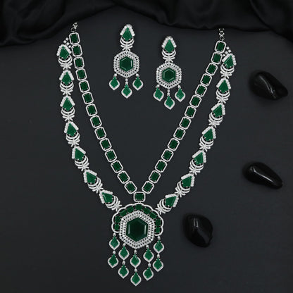 Grand Rhodium Long Haara Set with Hexagonal Pendant and Matching Earrings