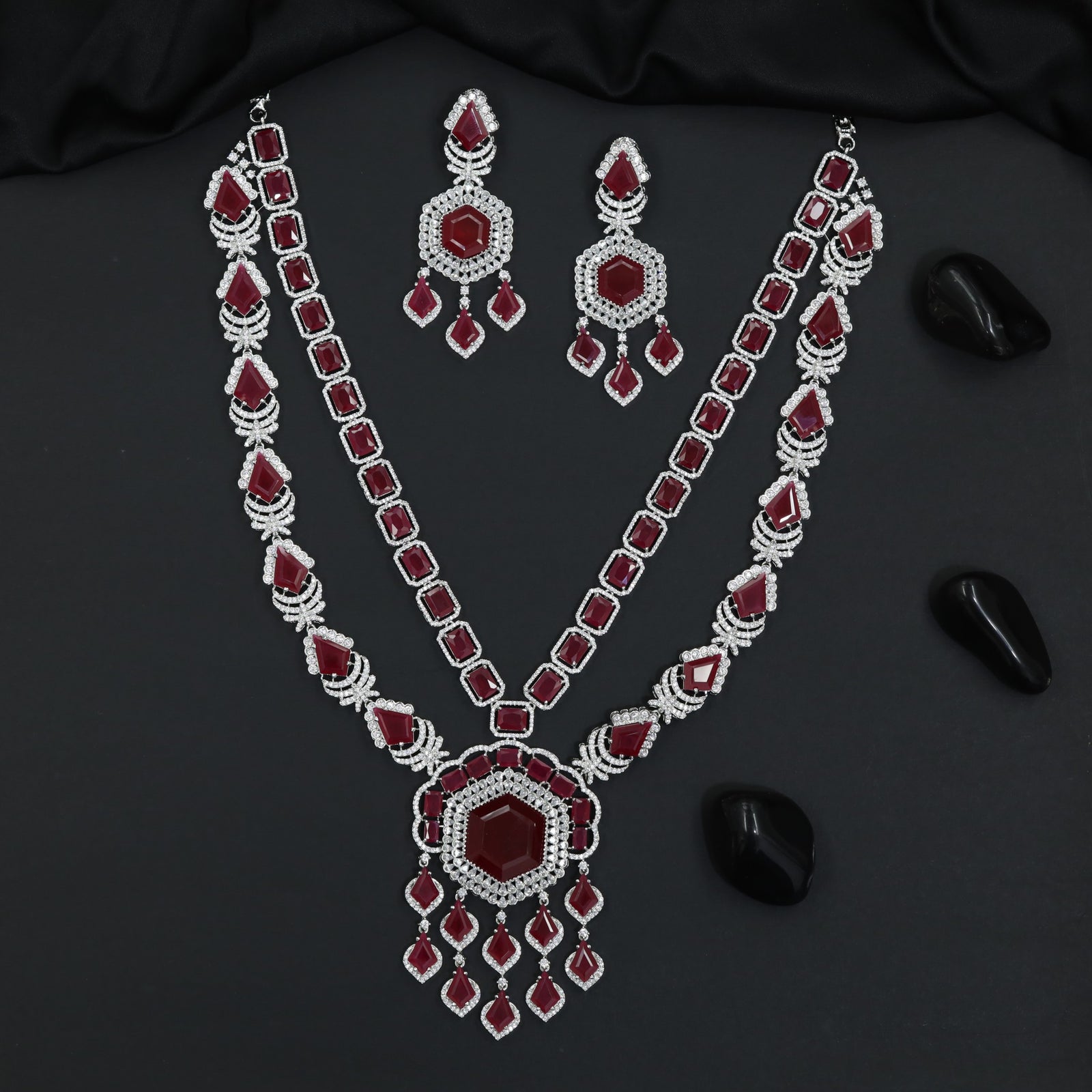 Grand Rhodium Long Haara Set with Hexagonal Pendant and Matching Earrings