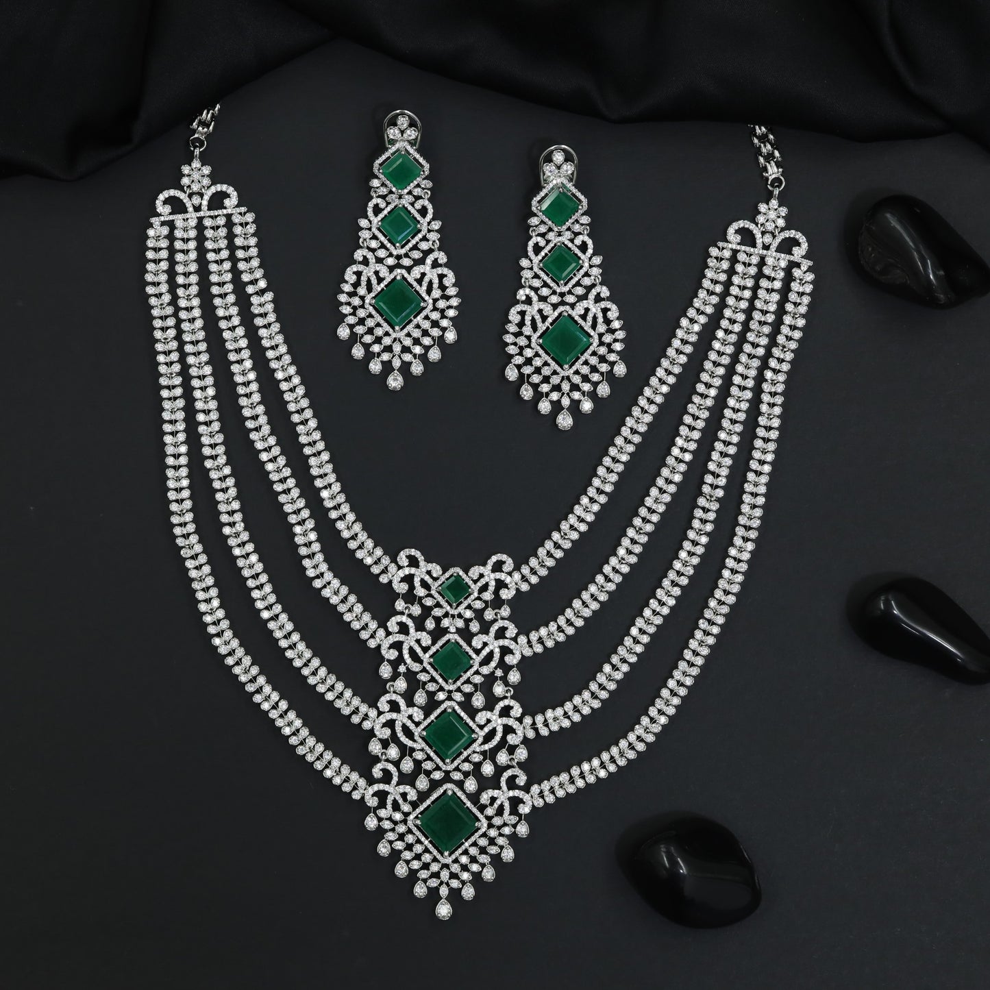 Rhodium Necklace Set with Intricate Scrollwork and Dangler Earrings