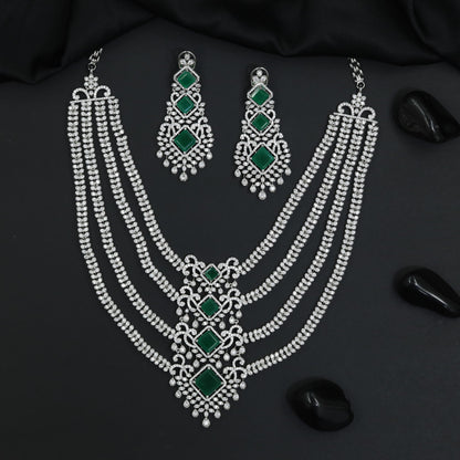 Rhodium Necklace Set with Intricate Scrollwork and Dangler Earrings