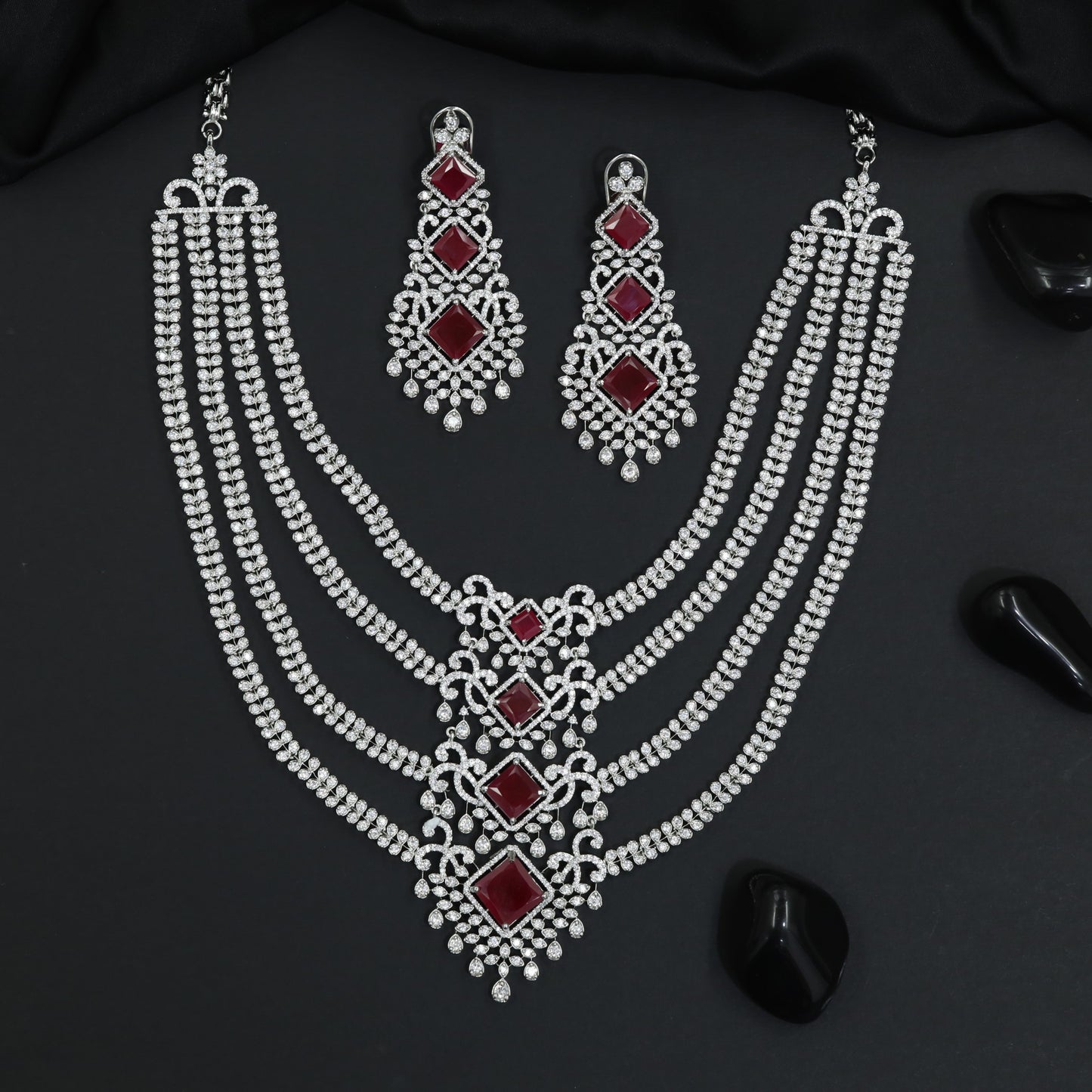 Rhodium Necklace Set with Intricate Scrollwork and Dangler Earrings