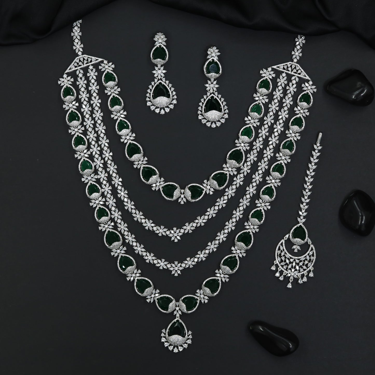 Grand Rhodium Long Haara Set with Cascading Floral Patterns