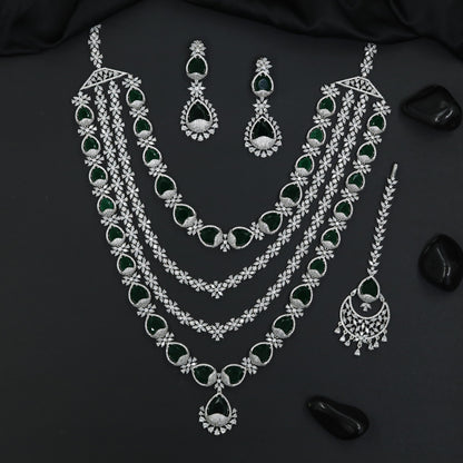 Grand Rhodium Long Haara Set with Cascading Floral Patterns