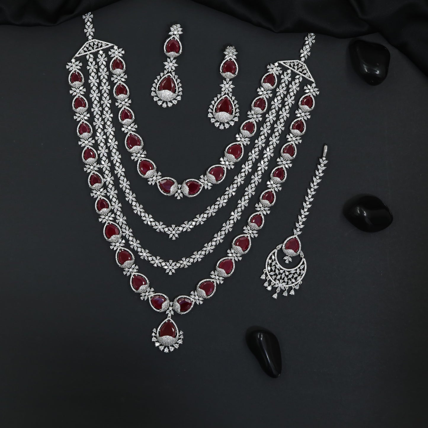 Grand Rhodium Long Haara Set with Cascading Floral Patterns