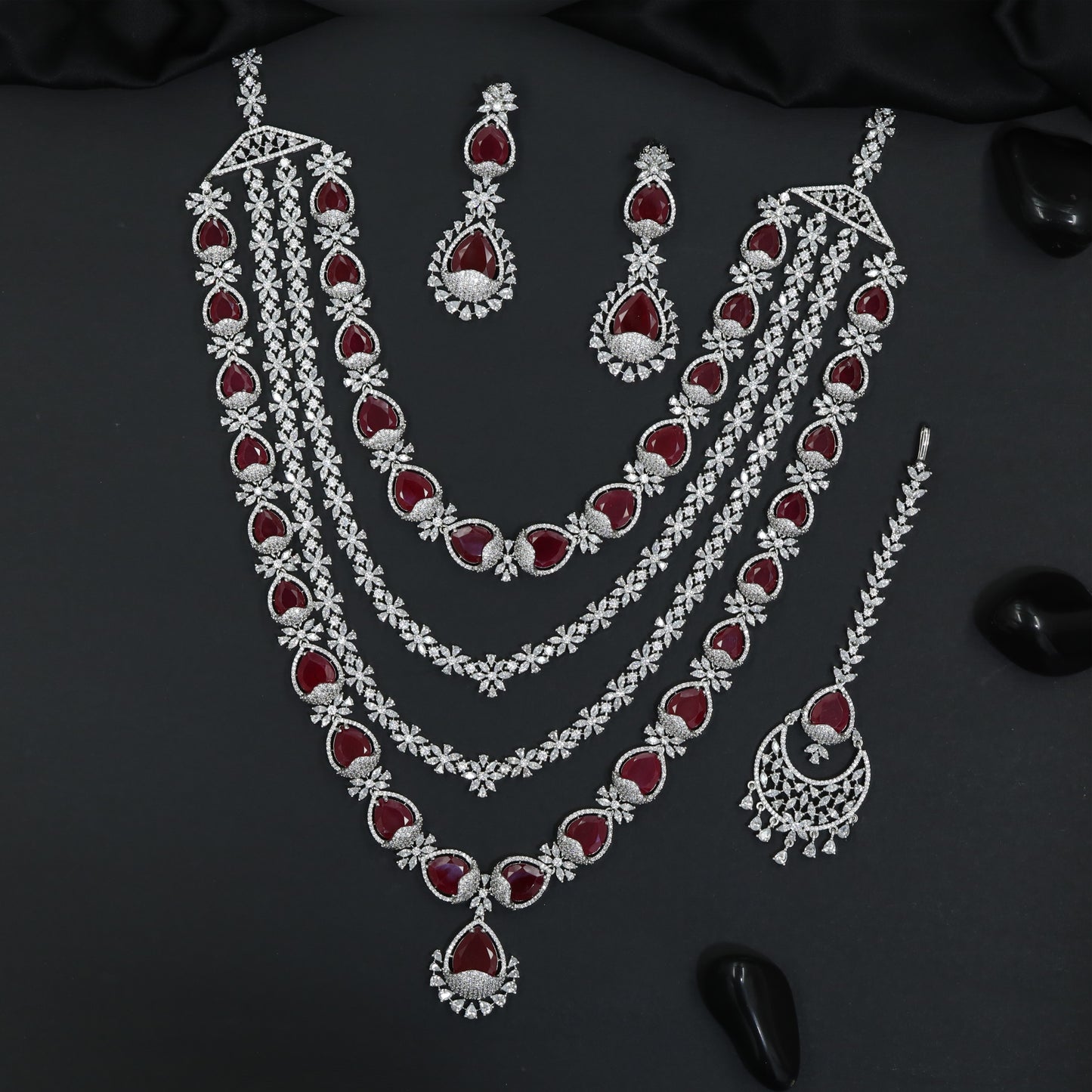 Grand Rhodium Long Haara Set with Cascading Floral Patterns
