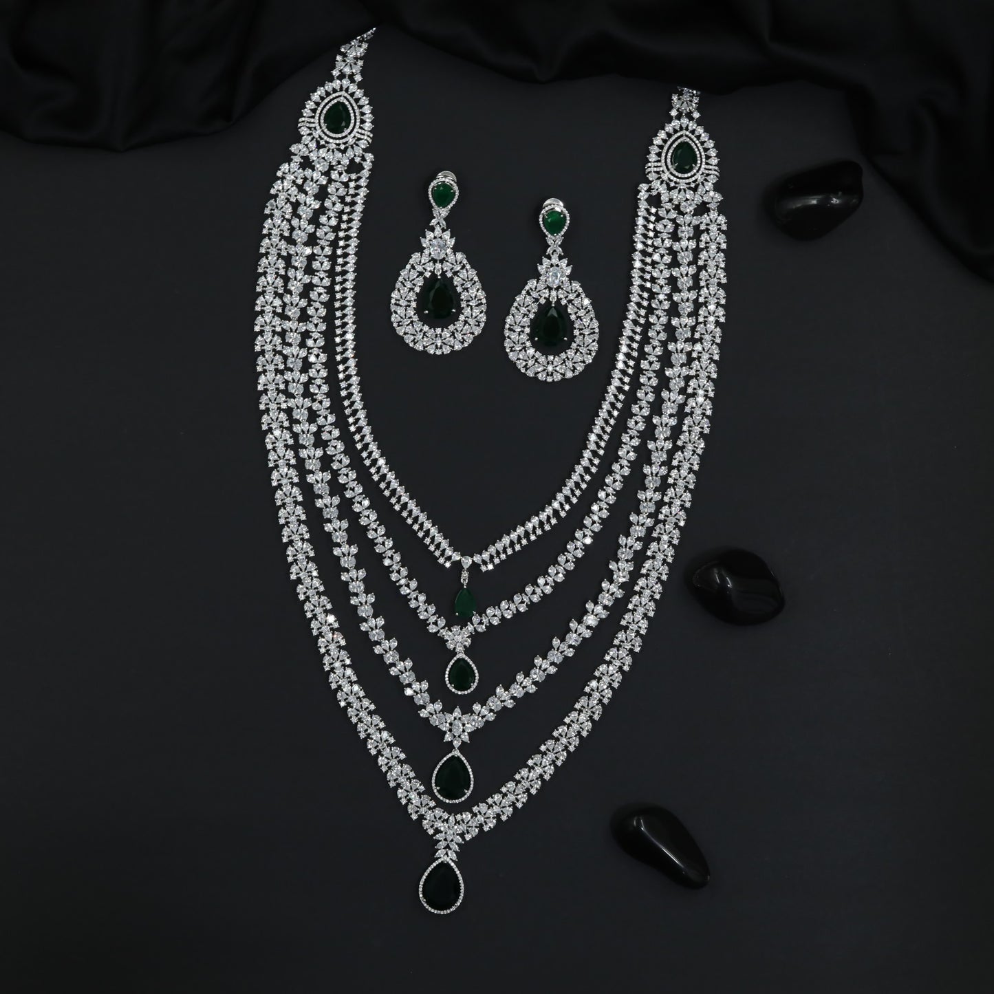 Bridal wear long haara with layered drape design and danglers