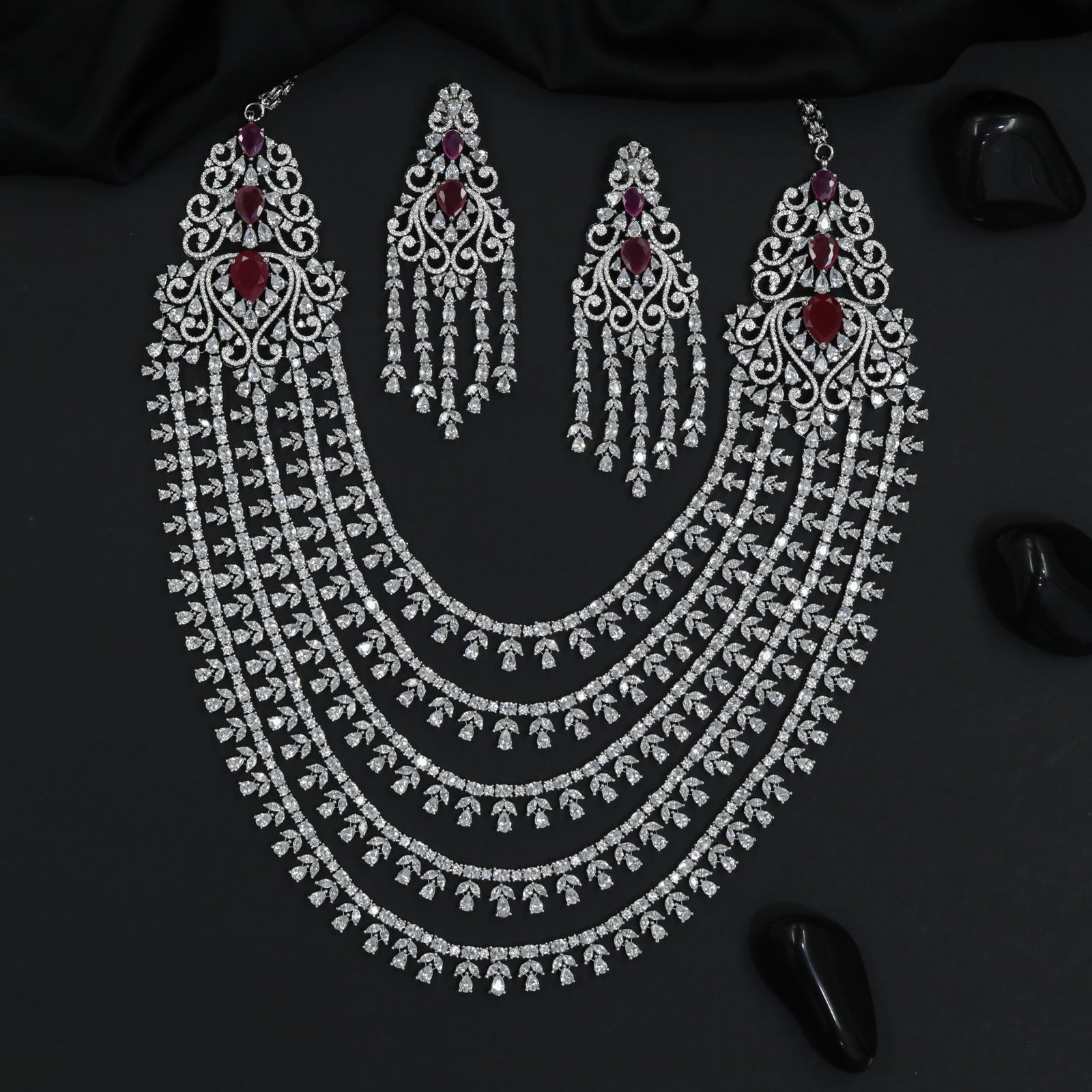Multi row necklace set with ornate filigree inspired craftsmanship