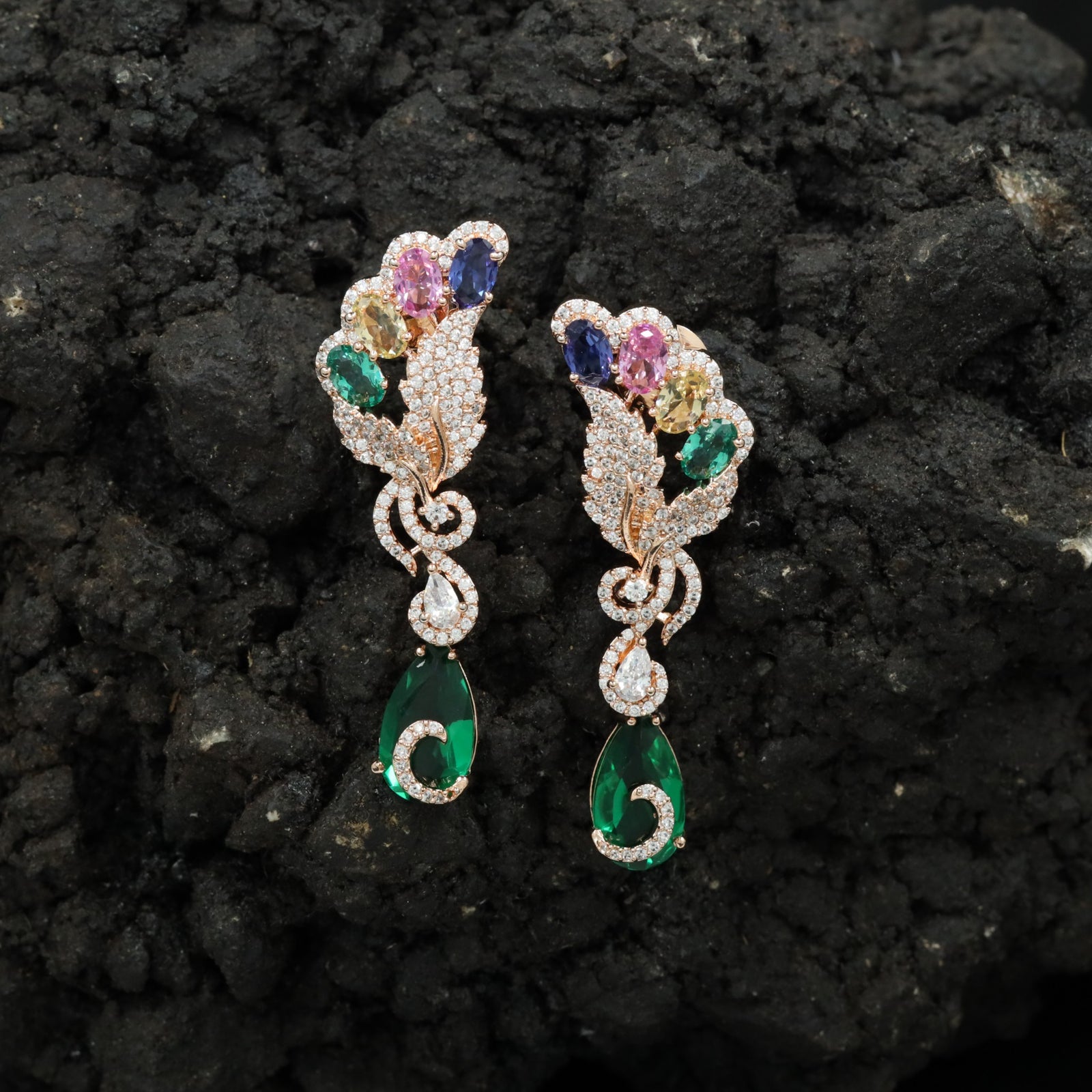 Decorative Floral Hanging Earrings with Cascading Drop Design