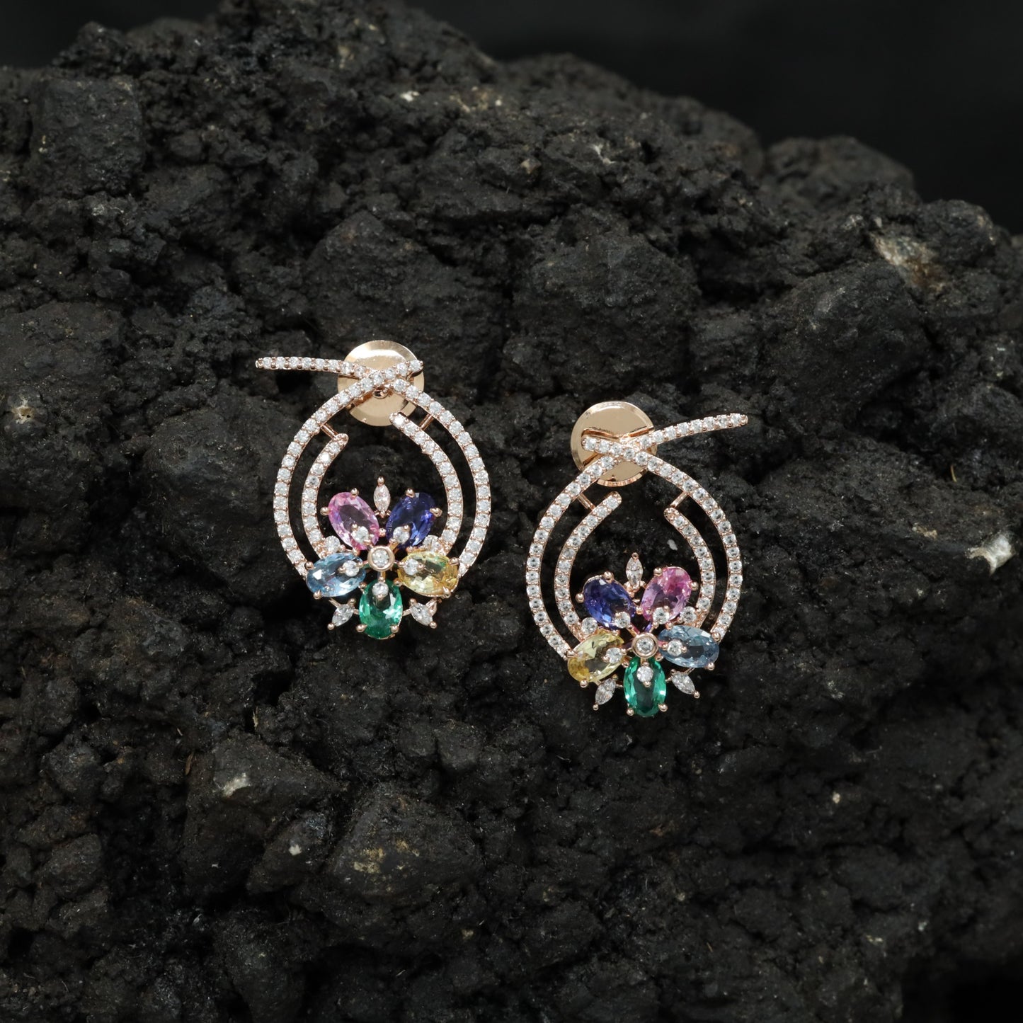 Floral Hoop Rose Gold Stud Earrings with Open Teardrop Design