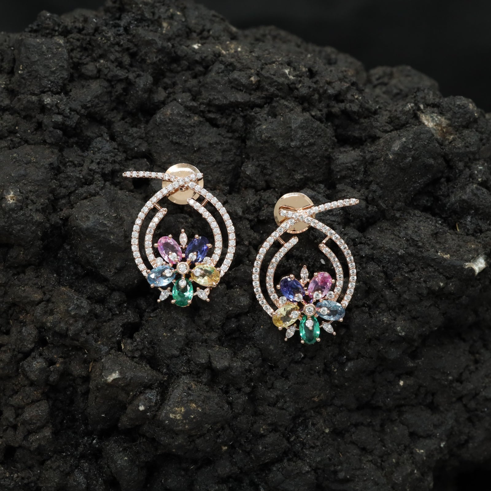 Floral Hoop Rose Gold Stud Earrings with Open Teardrop Design