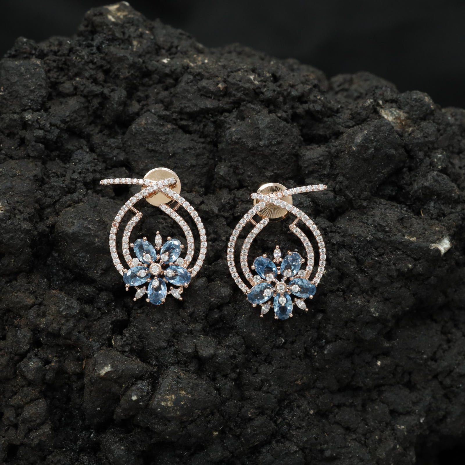 Floral Hoop Rose Gold Stud Earrings with Open Teardrop Design