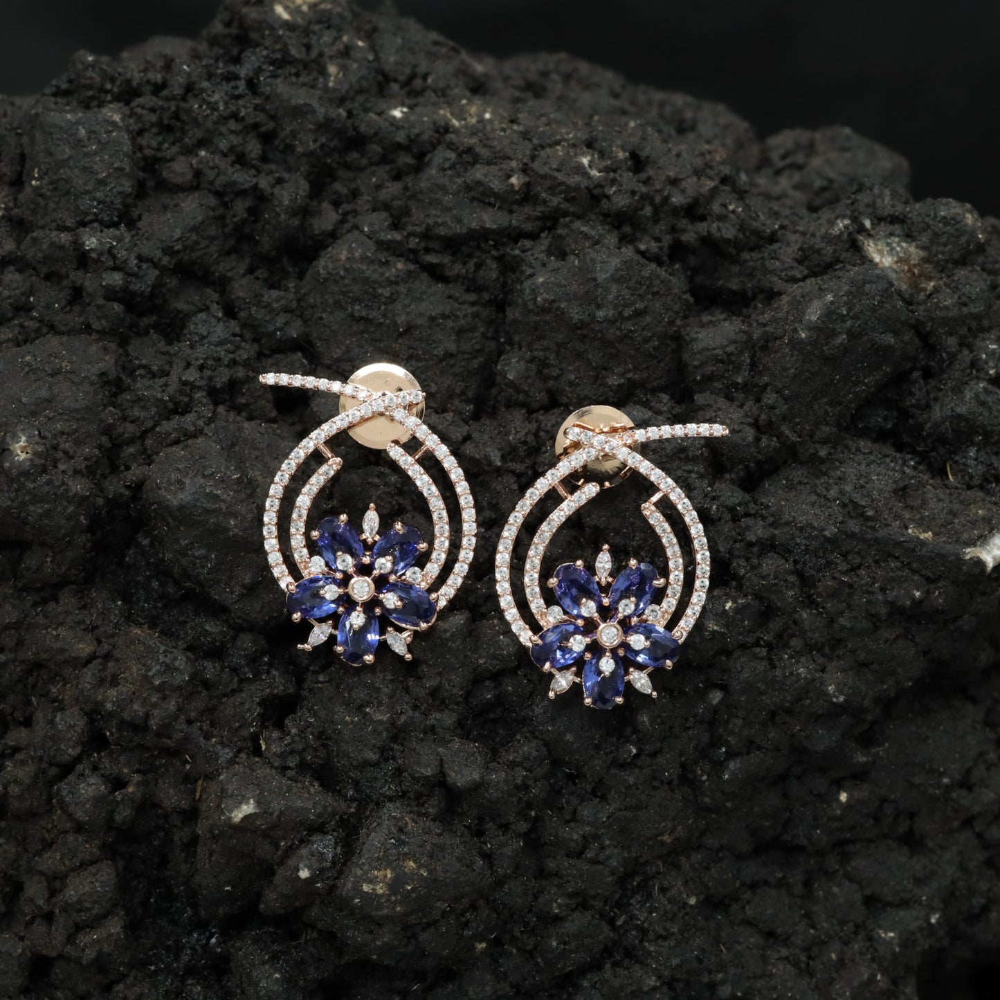 Floral Hoop Rose Gold Stud Earrings with Open Teardrop Design