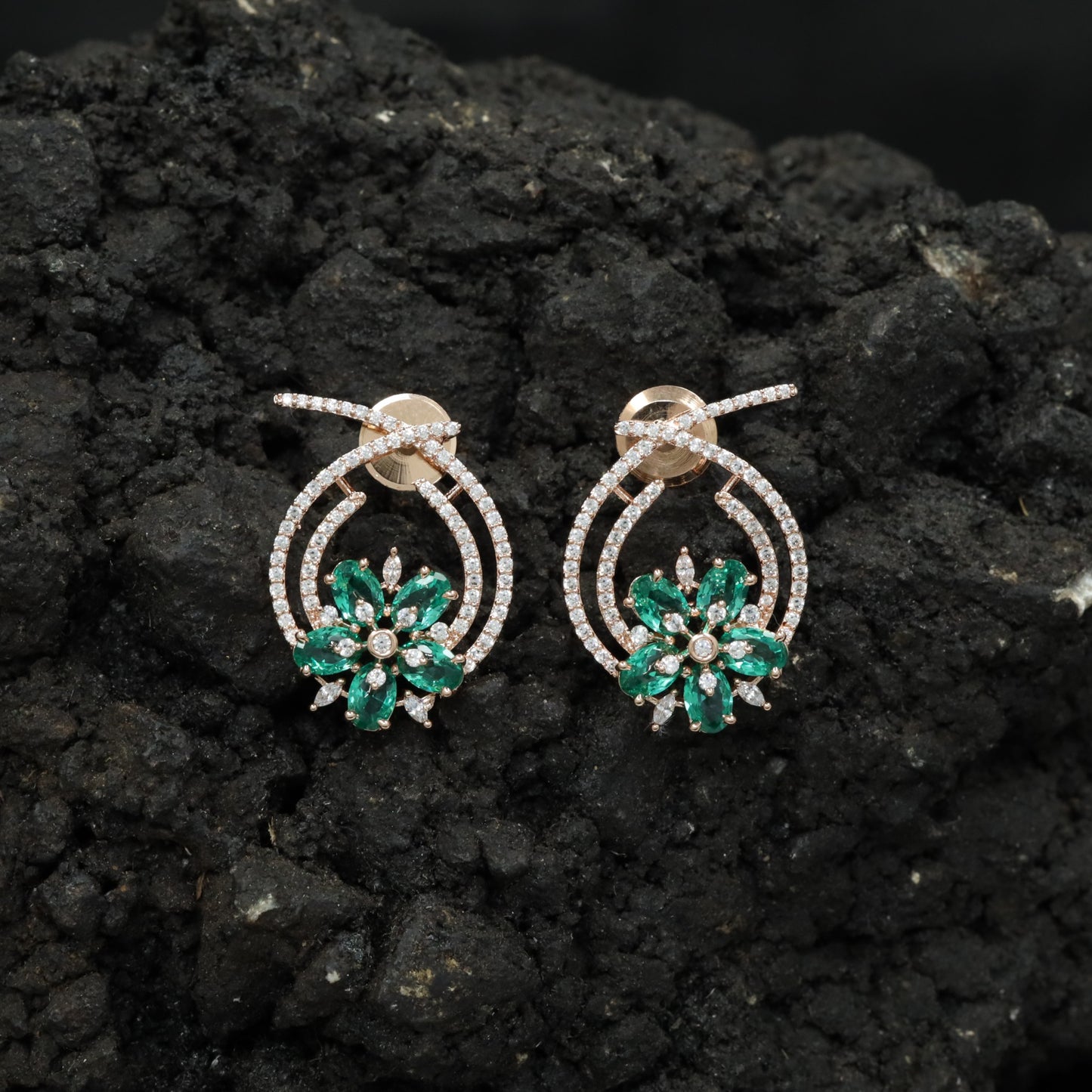 Floral Hoop Rose Gold Stud Earrings with Open Teardrop Design
